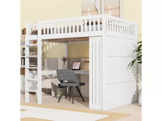 Lit mezzanine 140x200 Bureau Armoire 3 tiroirs Garde-corps Escalier Blanc