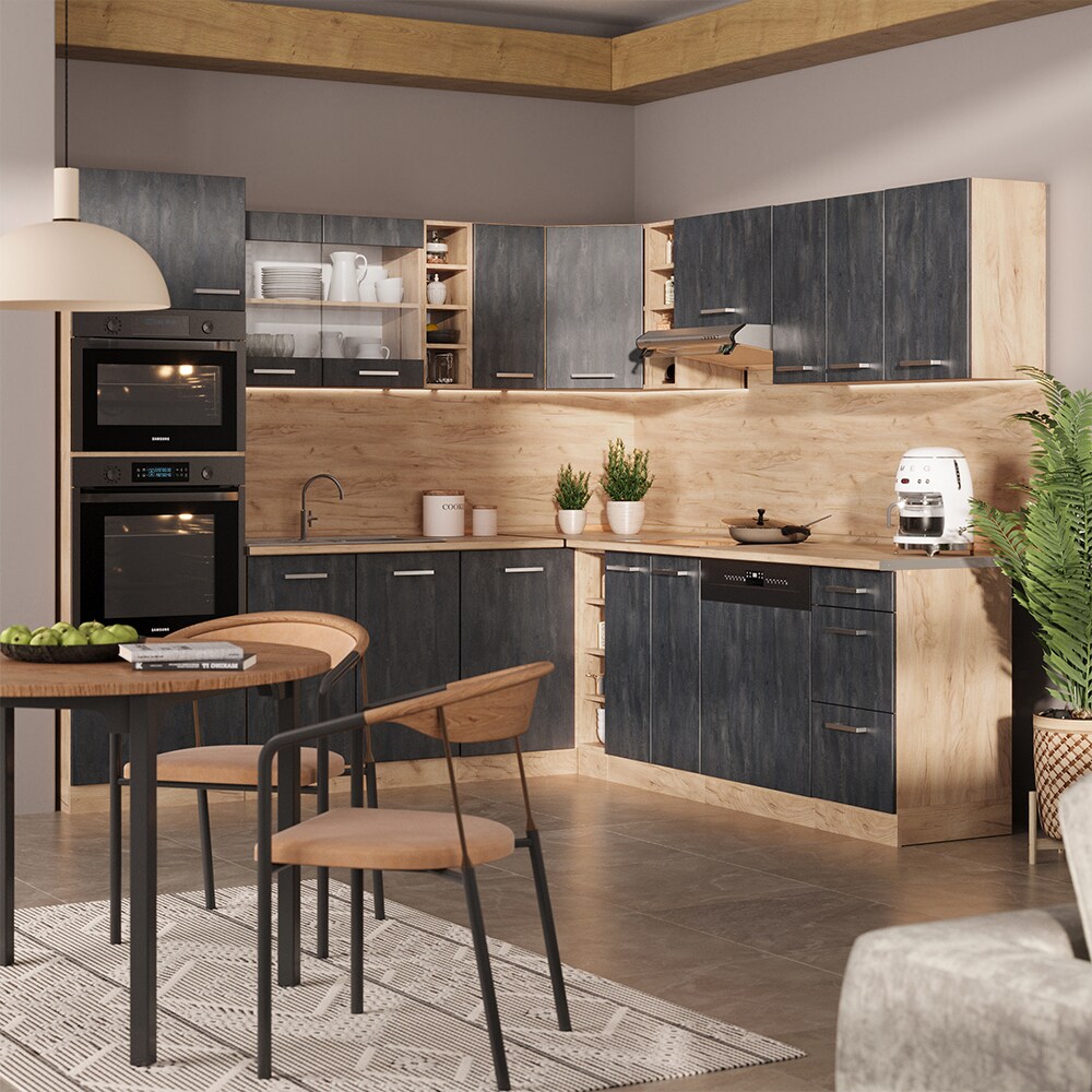 Vicco Eckküche R-Line 247x237 cm Schwarz Beton Eiche ohne Arbeitsplatte
