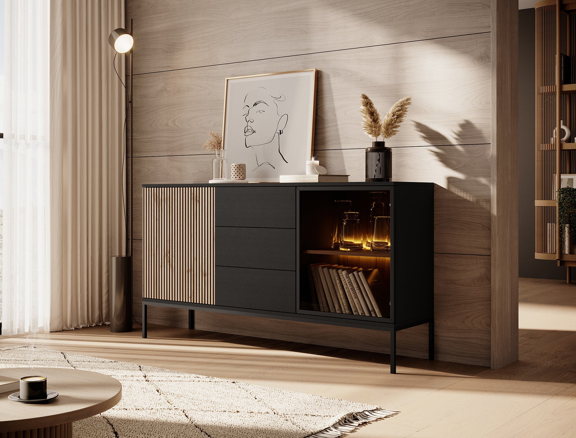 Meubella - Dressoir Legend - Mat zwart - Eiken - 154 cm met lades
