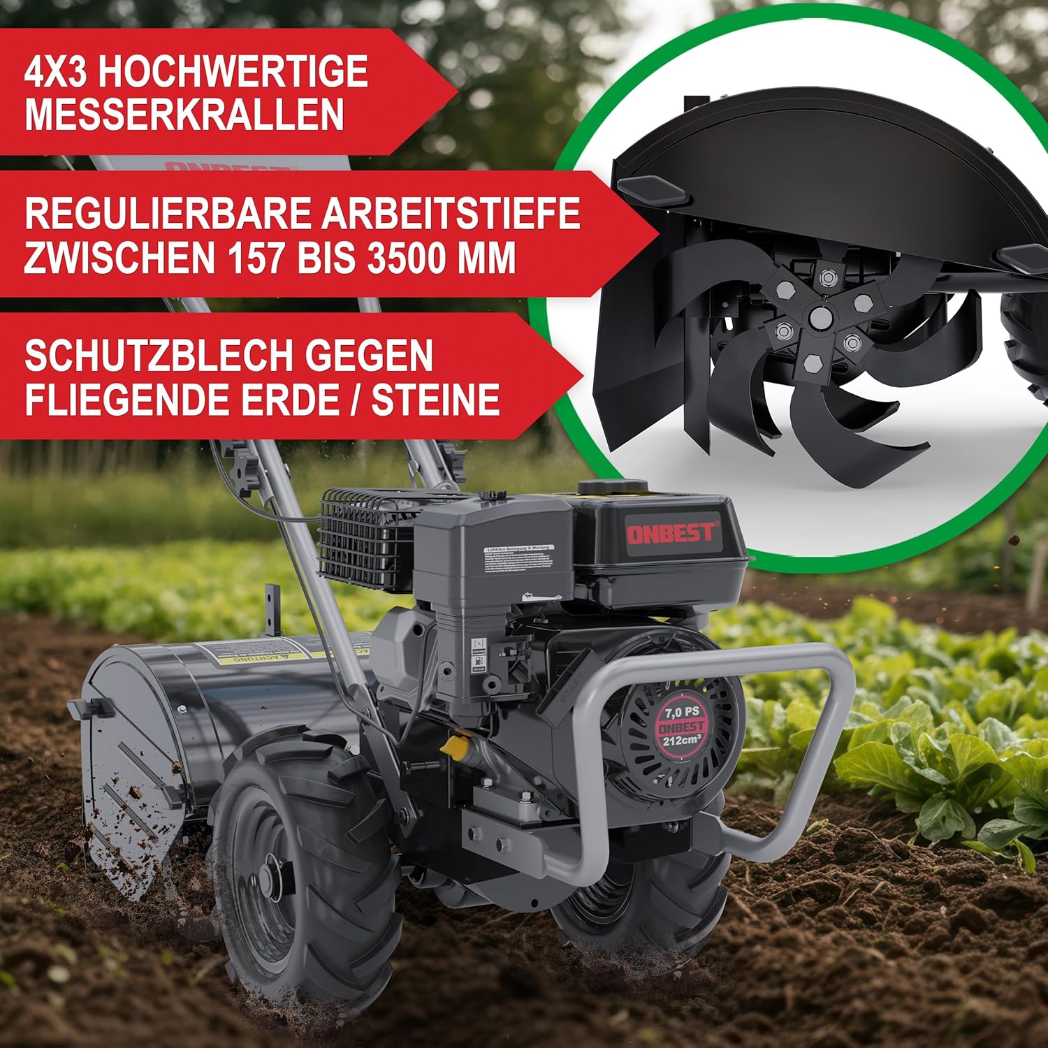 Gartenfräse Benzin – mit 48 cm Arbeitsbreite – 4-Takt Motor – 4,1 kW / 7,0 PS – 12 Messer – 175-350 mm Arbeitstiefe – Gartenfräse – Gartenhacke – Kultivator – umgraben & auflockern vom Boden