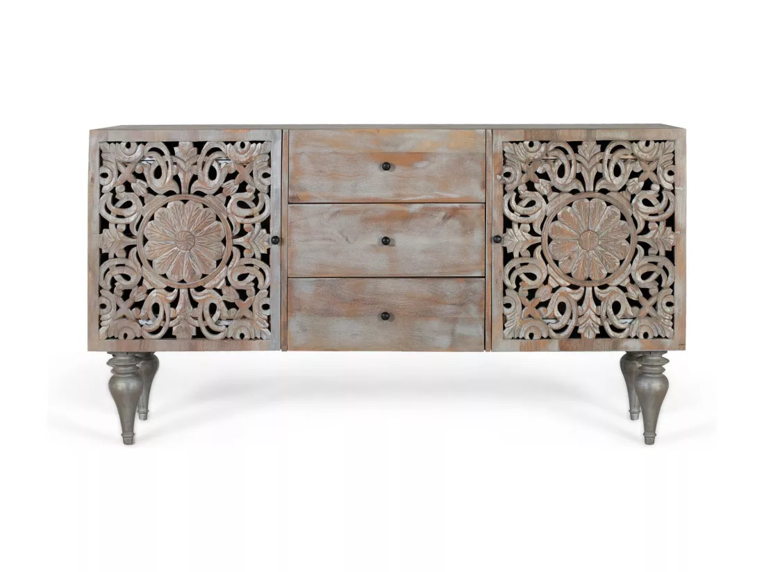 Buffet en bois de manguier avec deux portes latérales sculptées à la main