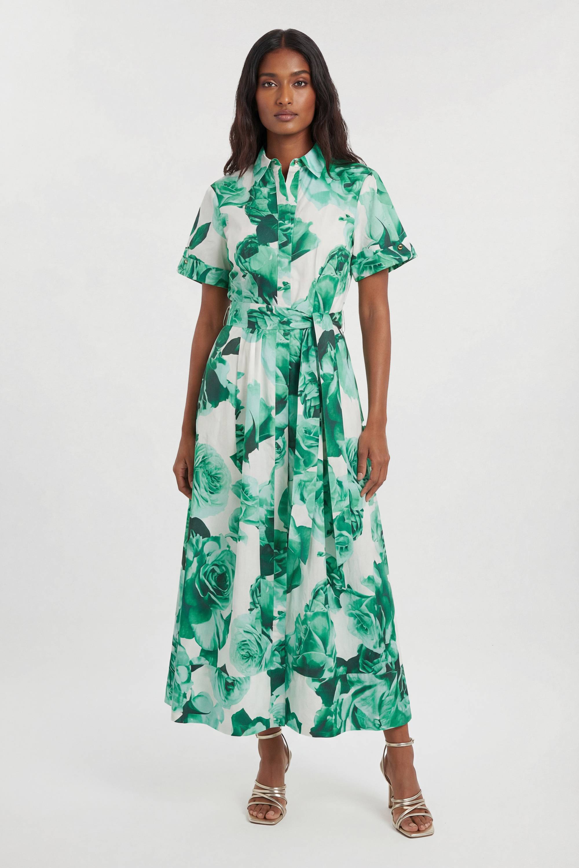 KarenMillen Robe Chemise Longue Ceinturée À Imprimé Floral Roses En Satin De Coton Tissé Petite Taille