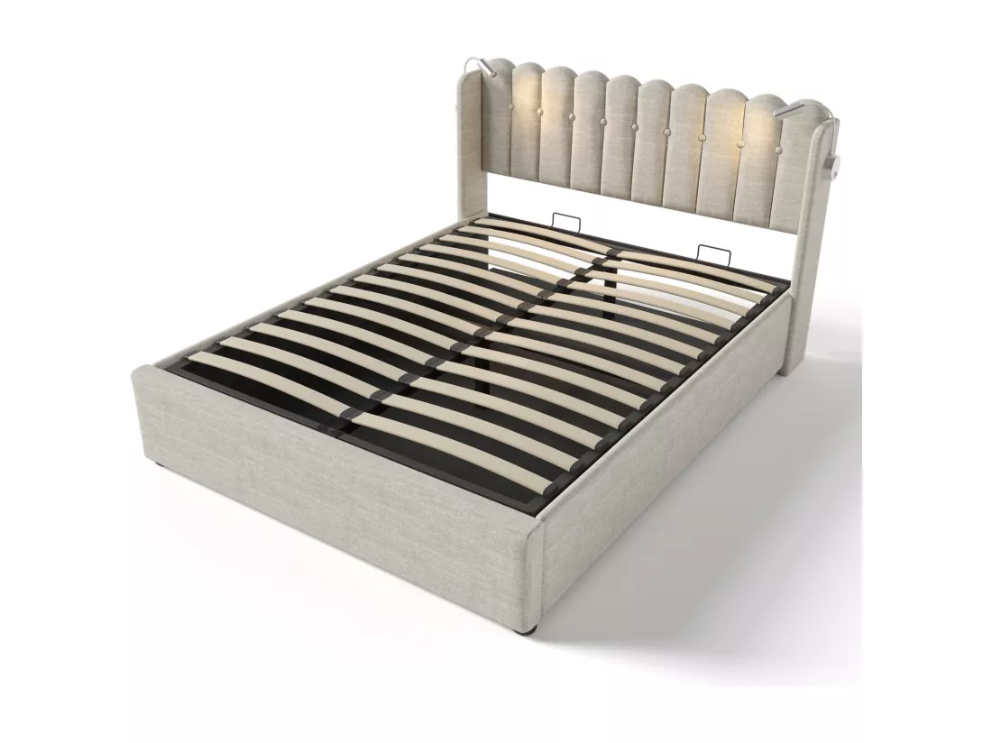 Lit coffre capitonné avec LED et Ports de charge USB - 140x200cm - tissu en lin - avec sommier à lattes - Beige