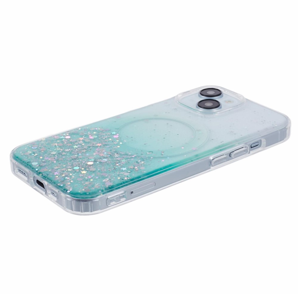 iPhone 15 MagSafe Hülle mit Acryl Rückseite und Farbverlauf im Glitzer Design - Türkis