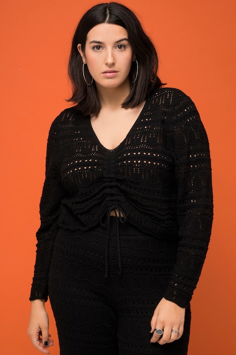 Ajour-Pullover, Loose Fit, Raffband, Wellensaum, Langarm