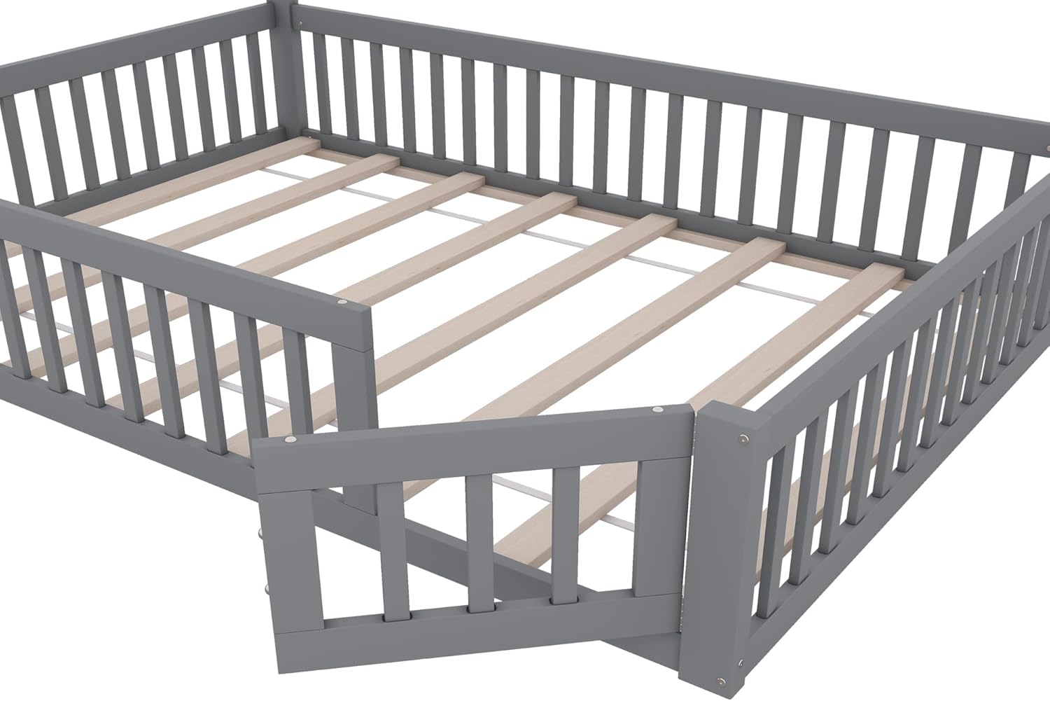 Merax Kinderbett Bodenbett 140x200 cm Hausbett mit Rausfallschutz & Lattenrost, Schornsteinform, öffnbarem Zaun - Montessori Bett, Jugendbett, Holz Bettgestell(ohne Matratze), Grau