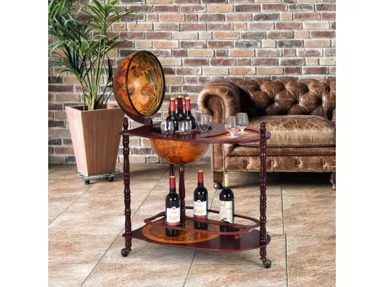 Bar globe terrestre vintage mappe monde en bois d'eucalyptus avec roulette