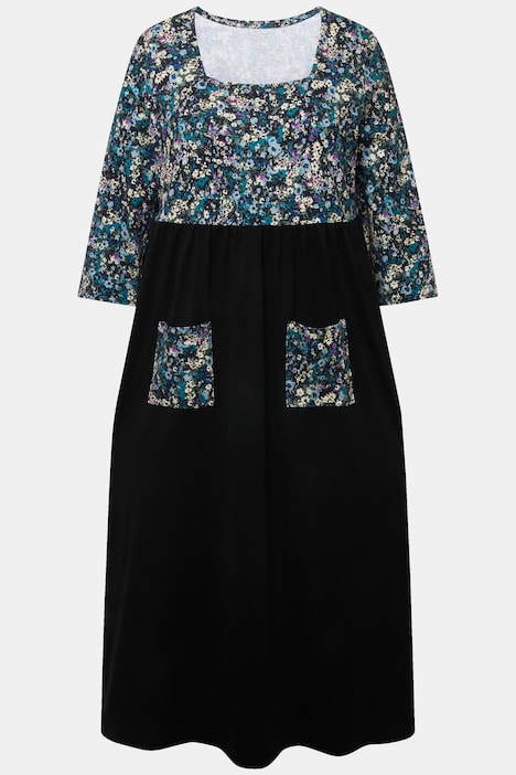 Jersey-Maxikleid, Blüten, Carree-Ausschnitt, 3/4-Arm