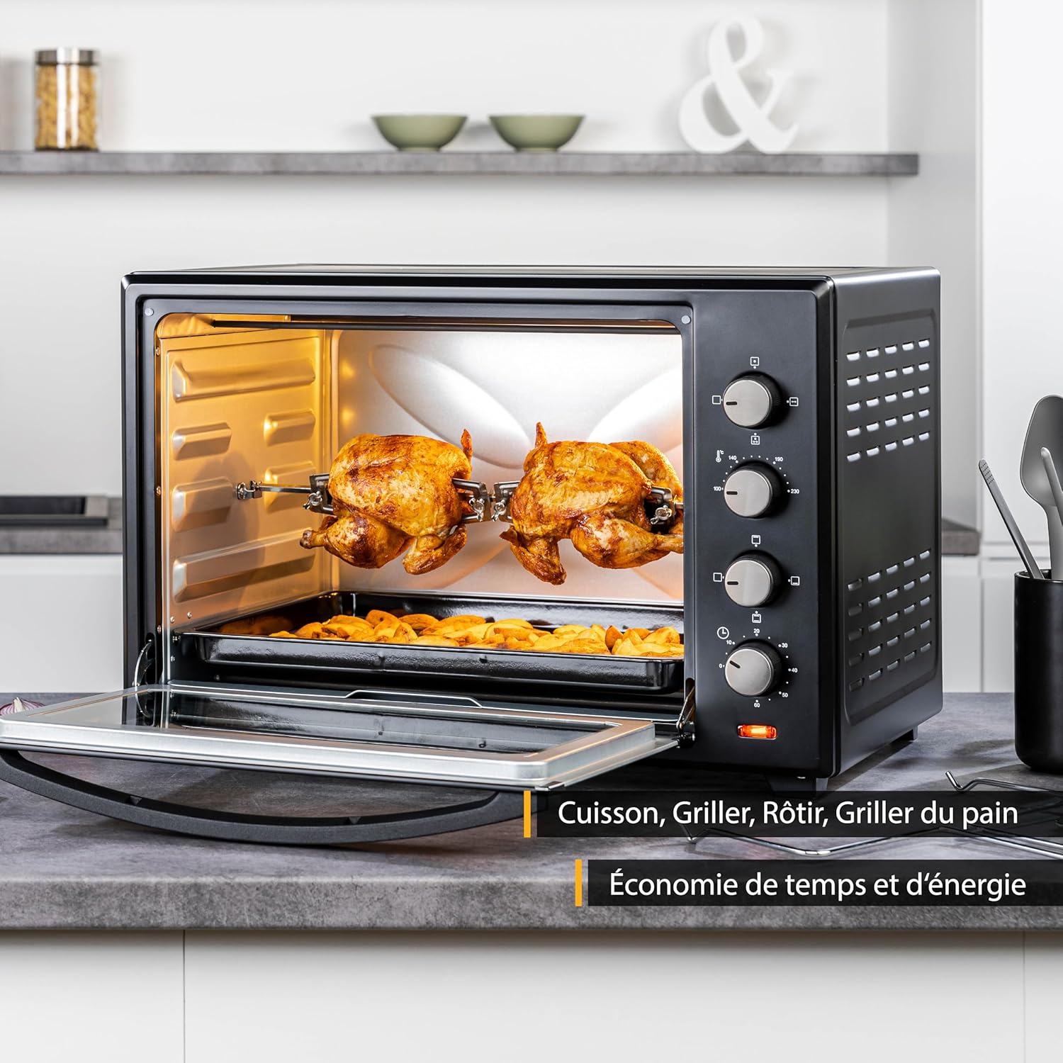 TZS First Austria Mini-four 60 l I 2000 W I Convection + Rôtisserie I 4 éléments chauffants I Plage de température jusqu'à 230 °C I Minuterie 60 min I Inox I Noir
