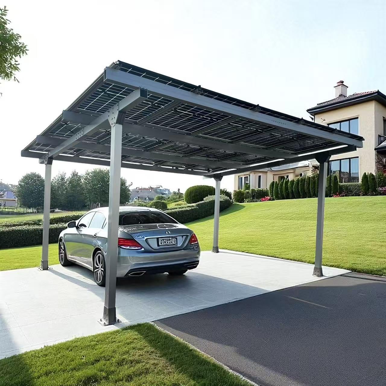 Doppelcarport Carport Gestell für 2 Autos mit Dachverkleidung + Regenrinne, Silber