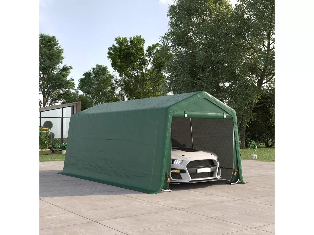 Tente garage carport dim. 6L x 3l x 2,62H m acier galvanisé PE haute densité 180 g/m² imperméable anti-UV vert