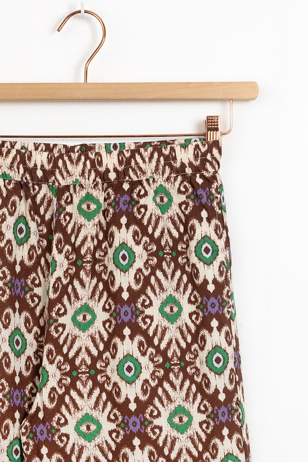 Donkerbruine wide leg broek met ikat print