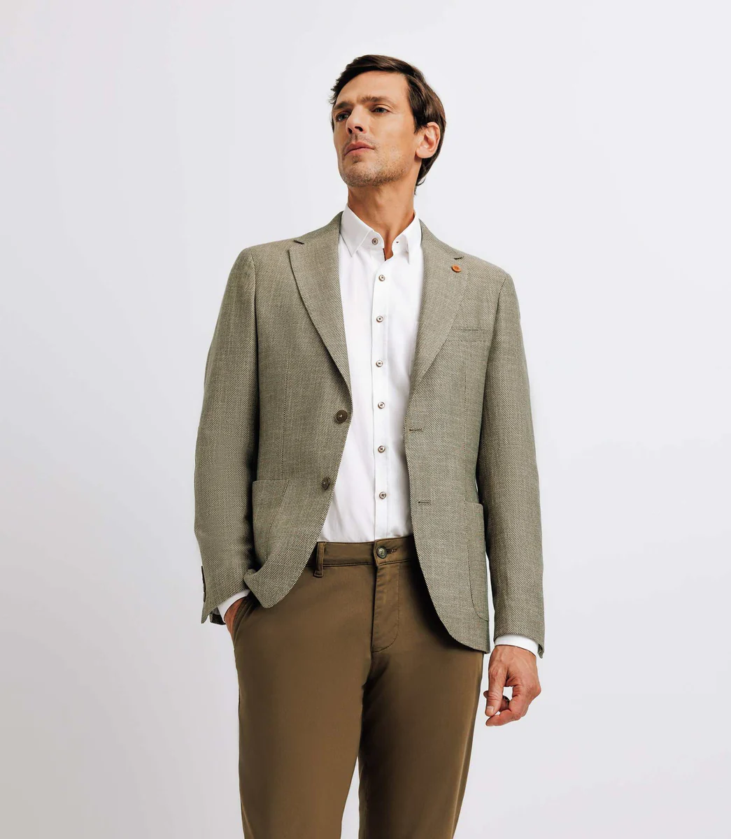 Veste kaki et beige en lin à coudières