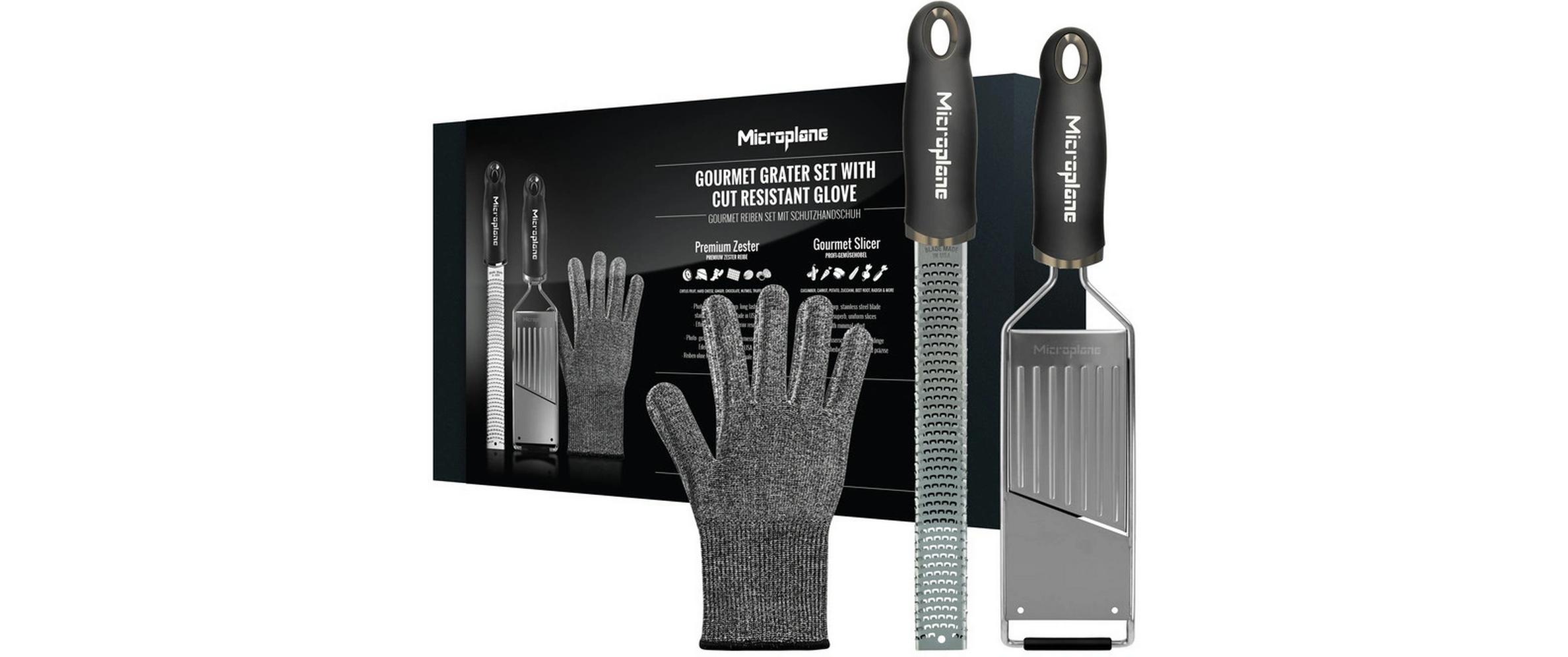 Gourmet Raspel Set Grau/SchwarzReibe, Profihobel, Handschuh