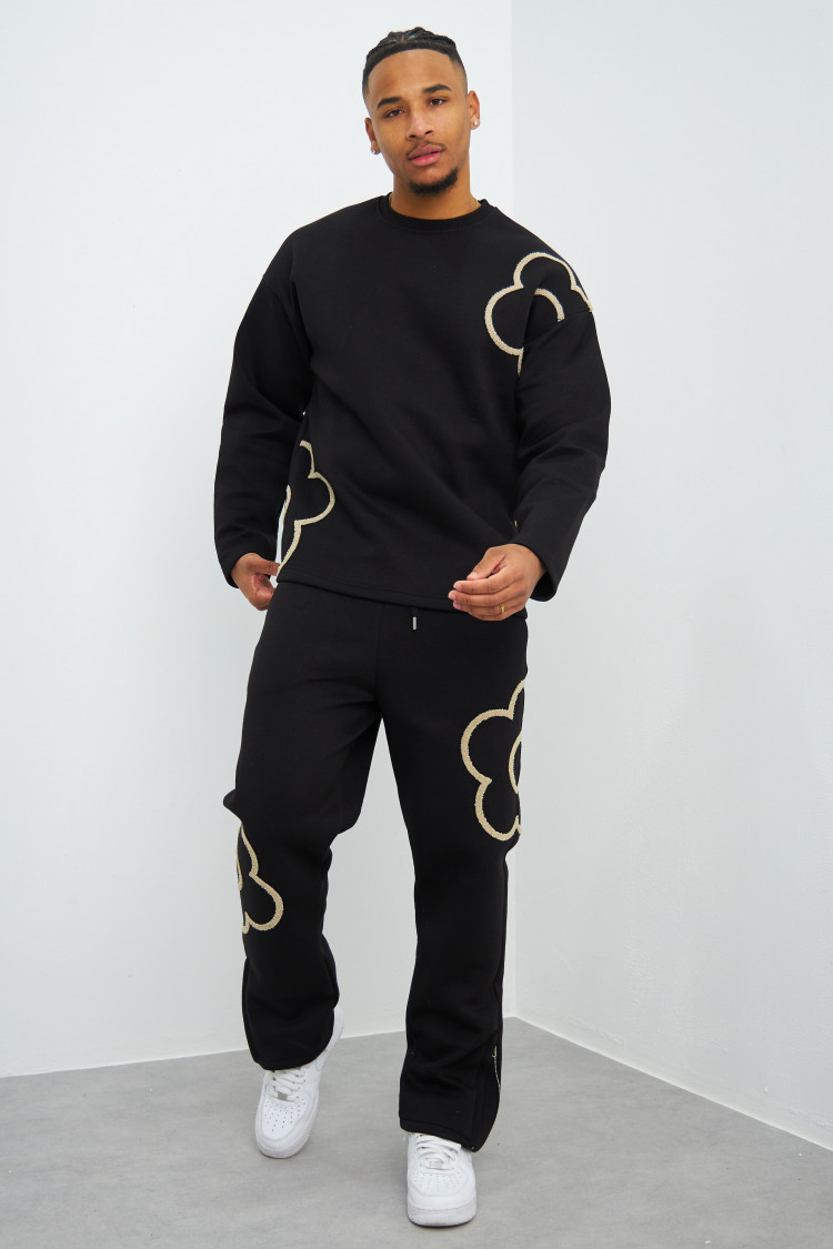 Ensemble 2 pièces sweat + jogging noir et beige à fleurs