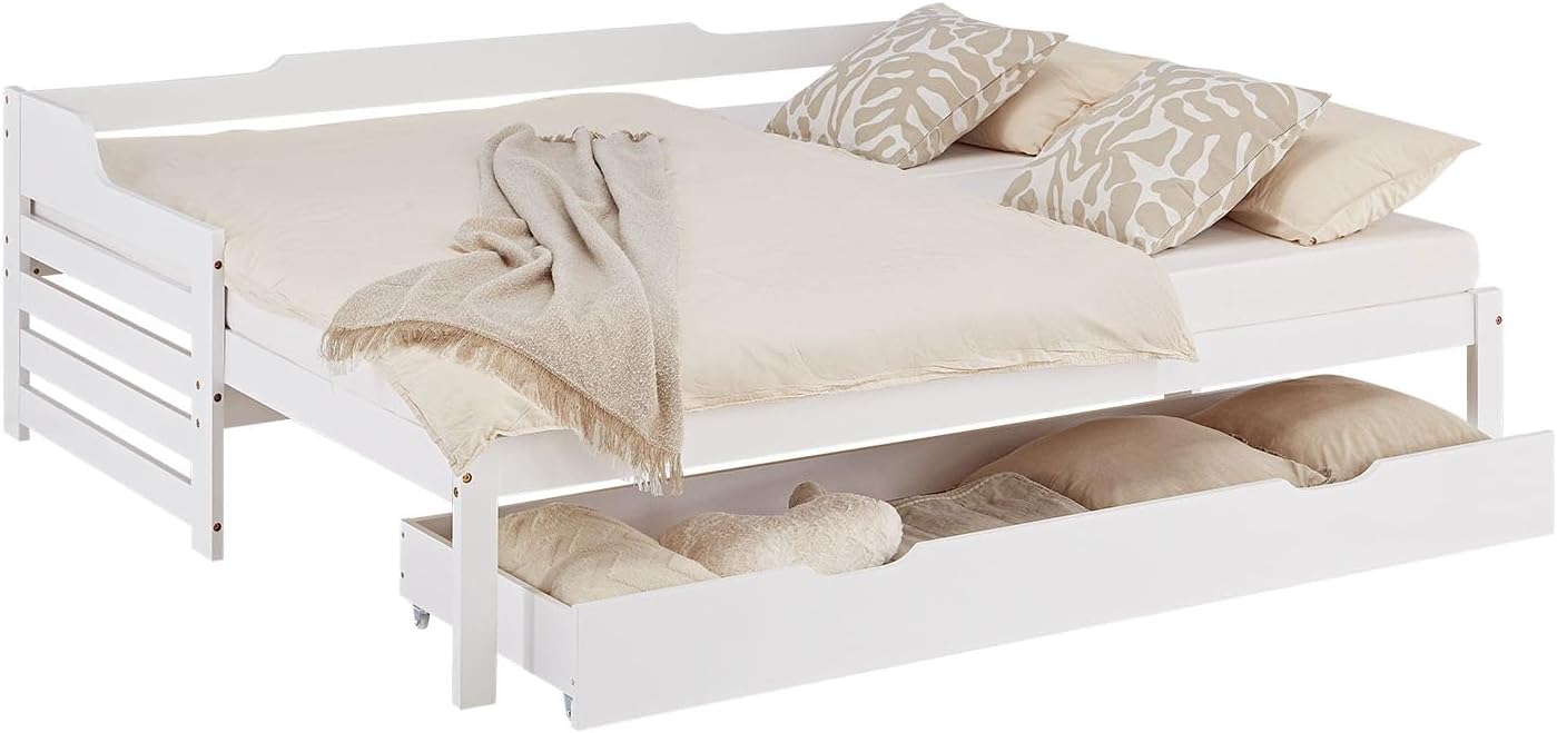 Homestyle4u Kinderbett Einzelbett Holzbett Tagesbett 90x200 ausziehbar Weiß mit Schublade Lattenrost Ausziehbett Kiefer massiv Holz