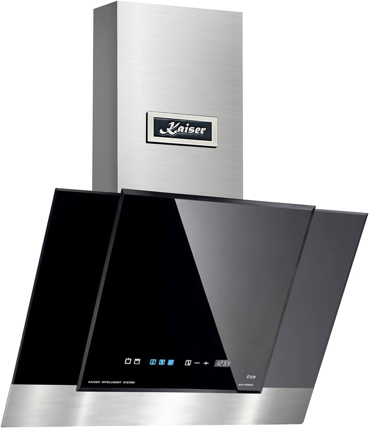 Kaiser AT 6438 ECO kopffrei Dunstabzugshaube 60 cm Exklusive Schwarz Glas Edelstahl Wandhaube 910m³/h | TouchControl Steuerung mit LED Display | Randabsaugung | Timer | Abzugshaube Abluft/Umluft