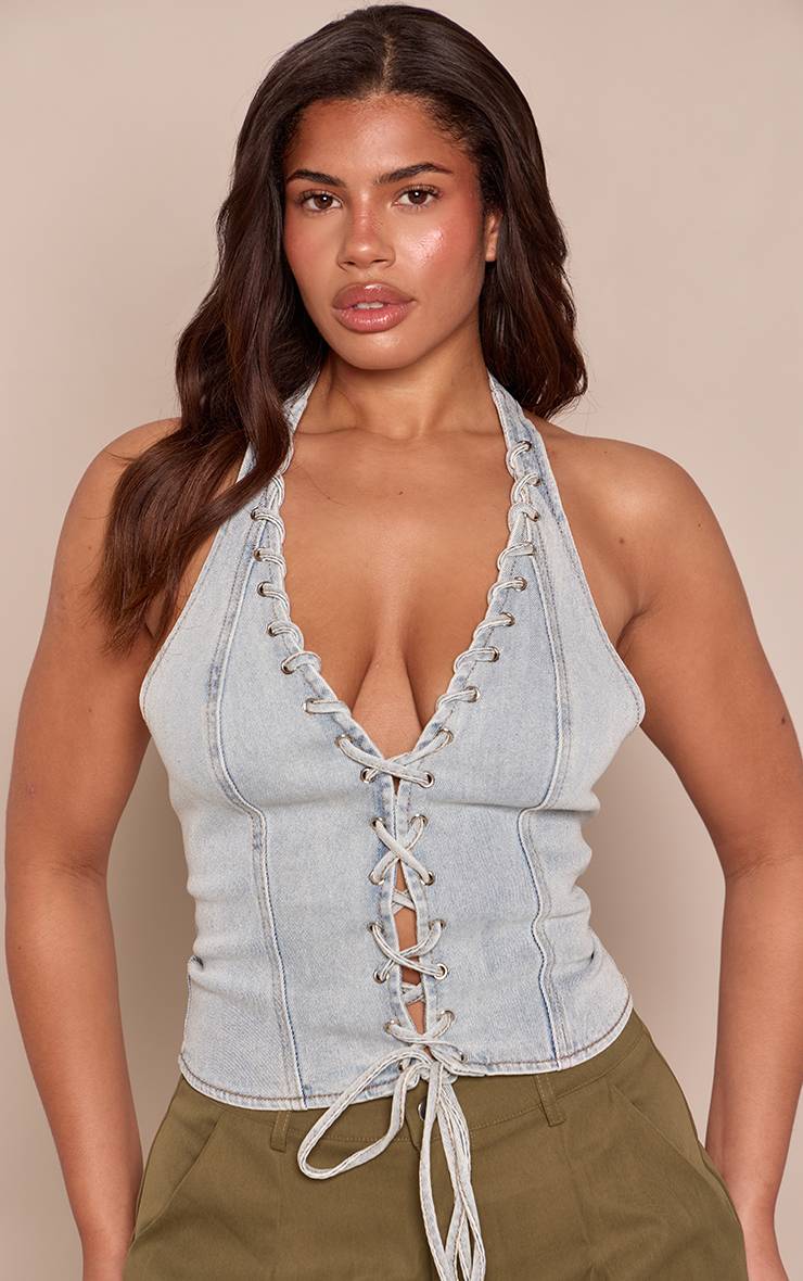 Bleu Top Corset En Denim Clair À Laçage Shape Light