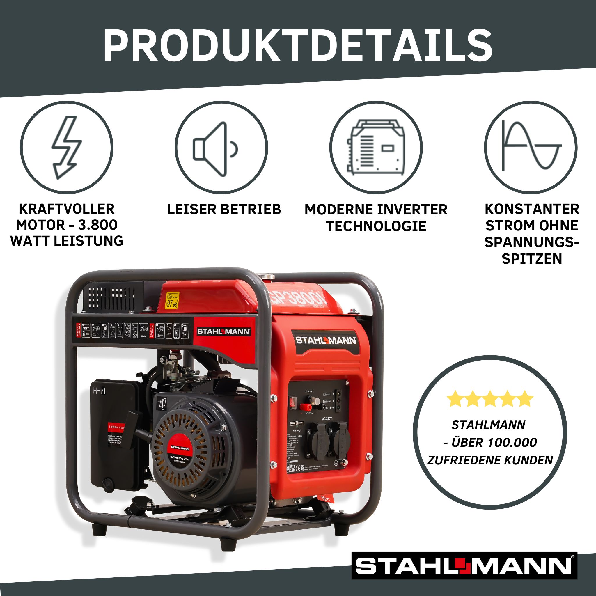 Stahlmann Inverter Stromerzeuger Stromgenerator GP3800I, 3800 Watt, Notstromaggregat Benzin - leise und kraftvoll, Stromaggregat oder Generator optimal für Hausversorgung