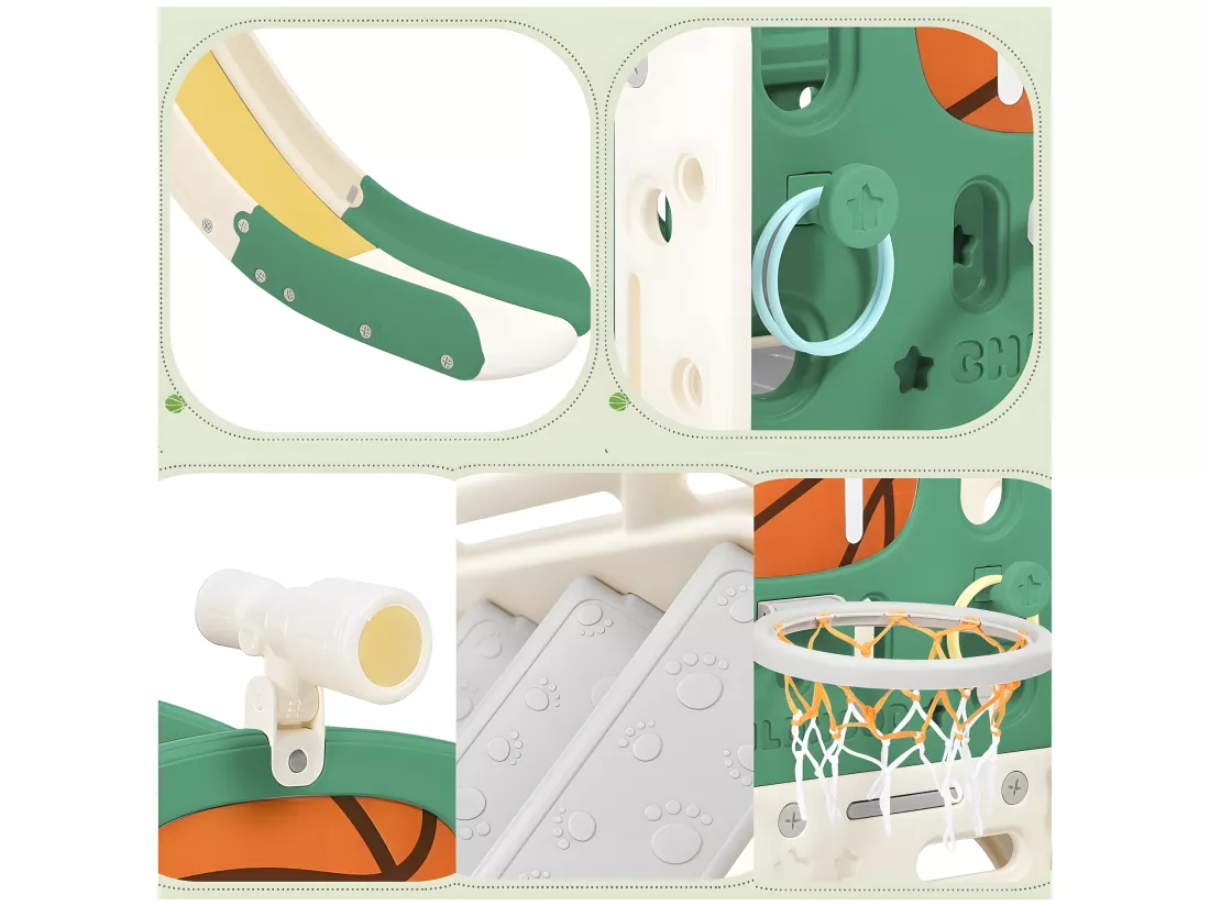 Toboggan 4 en 1 - avec escalier, espace de rangement, panier de basket - vert