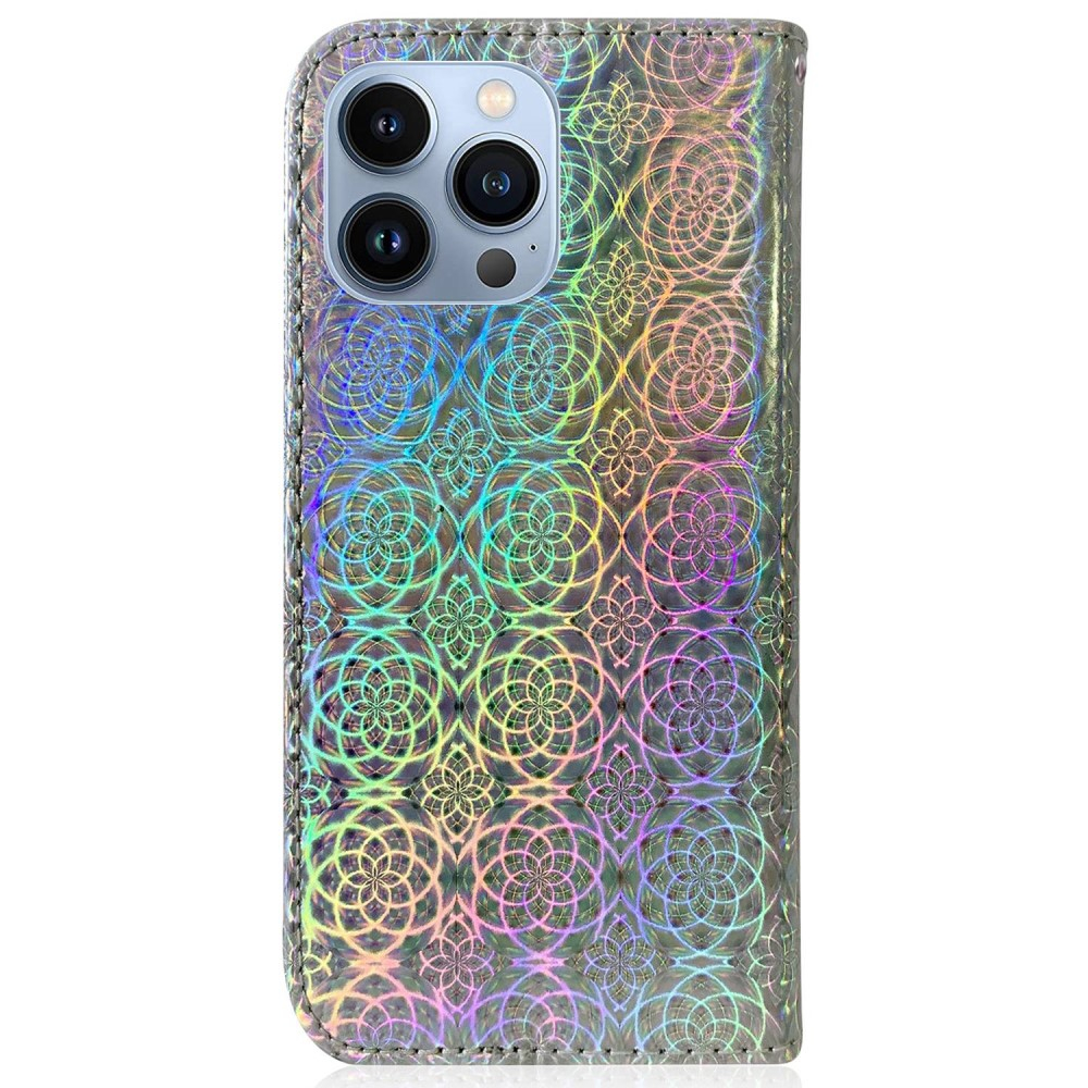 iPhone 14 Pro Leder Tasche Wallet mit Flower Laser Hologramm - Silber