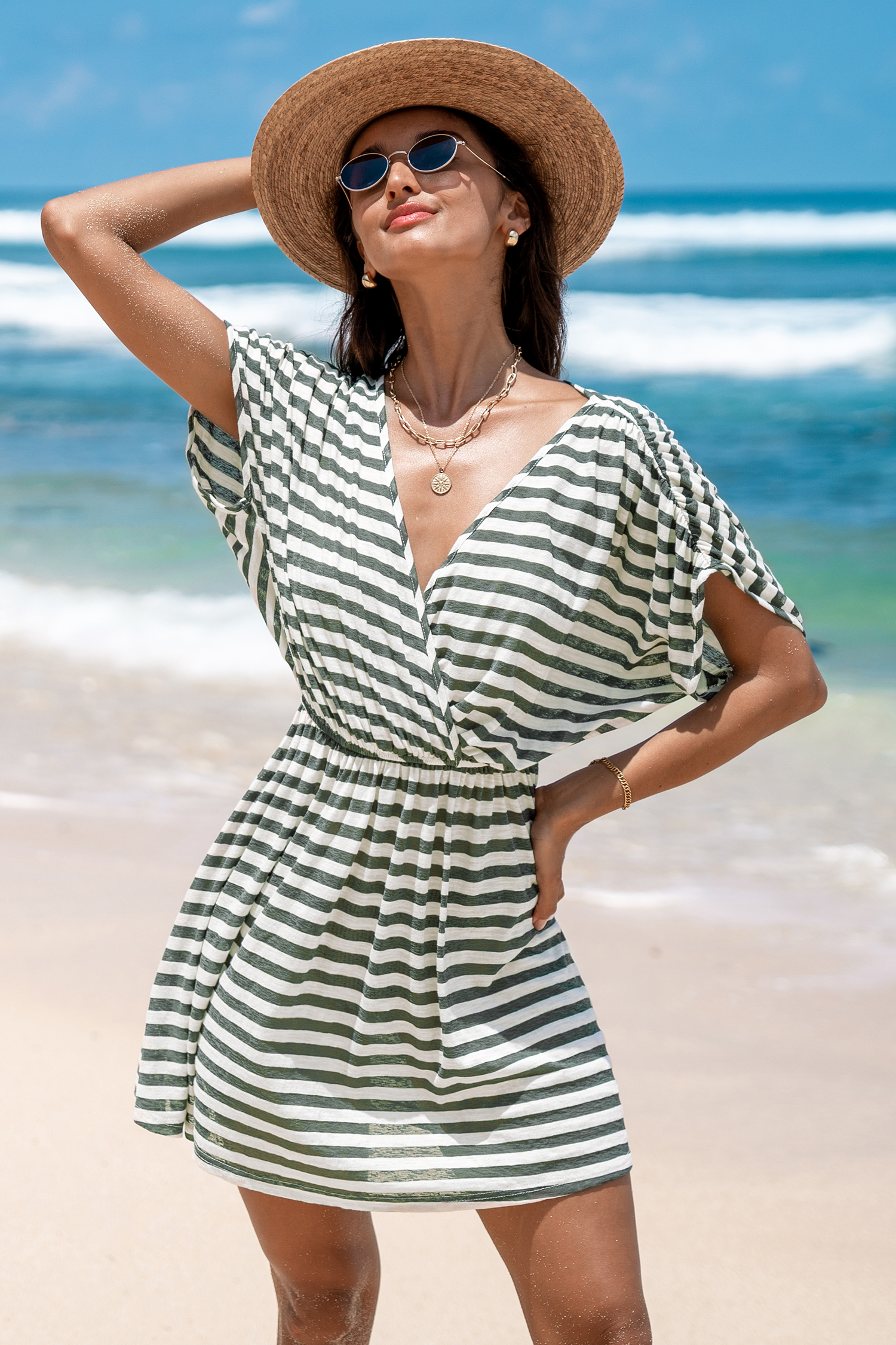 Robe cover up mini à manches dolman et col surplis avec rayures