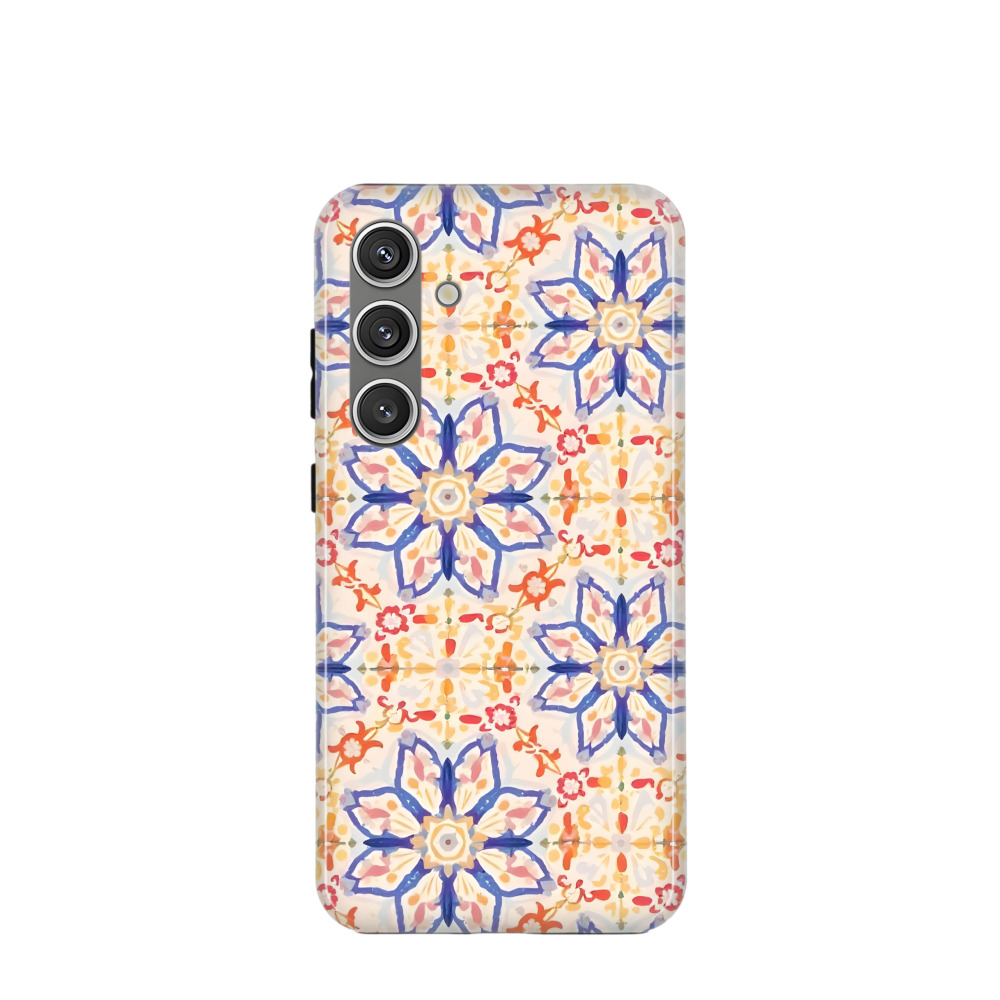 Samsung Galaxy S24 Plus Hybrid (Kunststoff / Gummi) Hülle Majolika-Aquarellblüte - Blau / Gelb / Rot