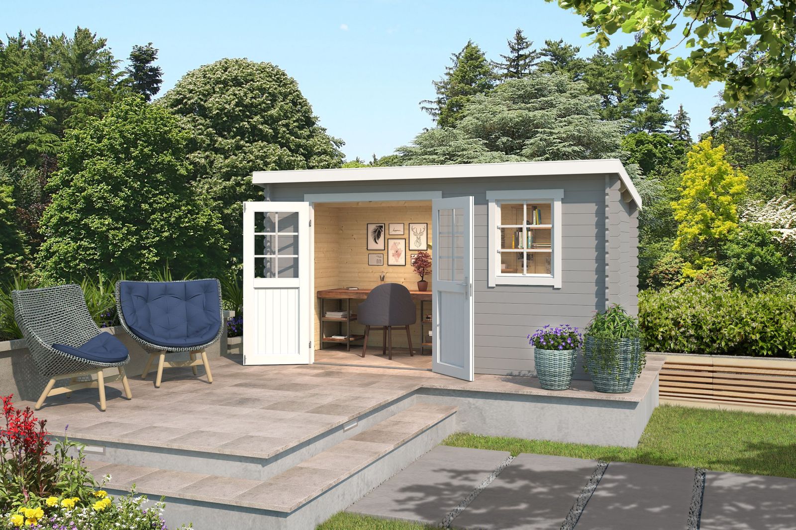 Blockbohlenhaus AMIRA 175 - lichtgrau - Fichte massiv - 380x175 cm