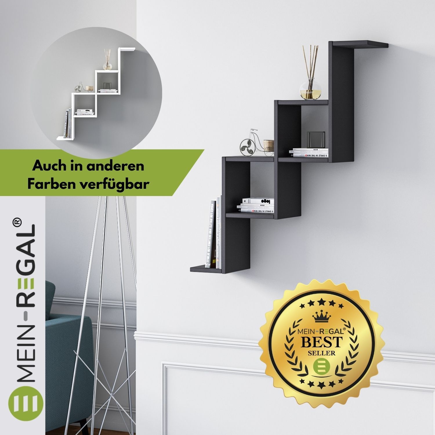 Mein-Regal Wandregal CAROTI 80x22x94cm MDF Holz bis zu 6 Fächer schwarz