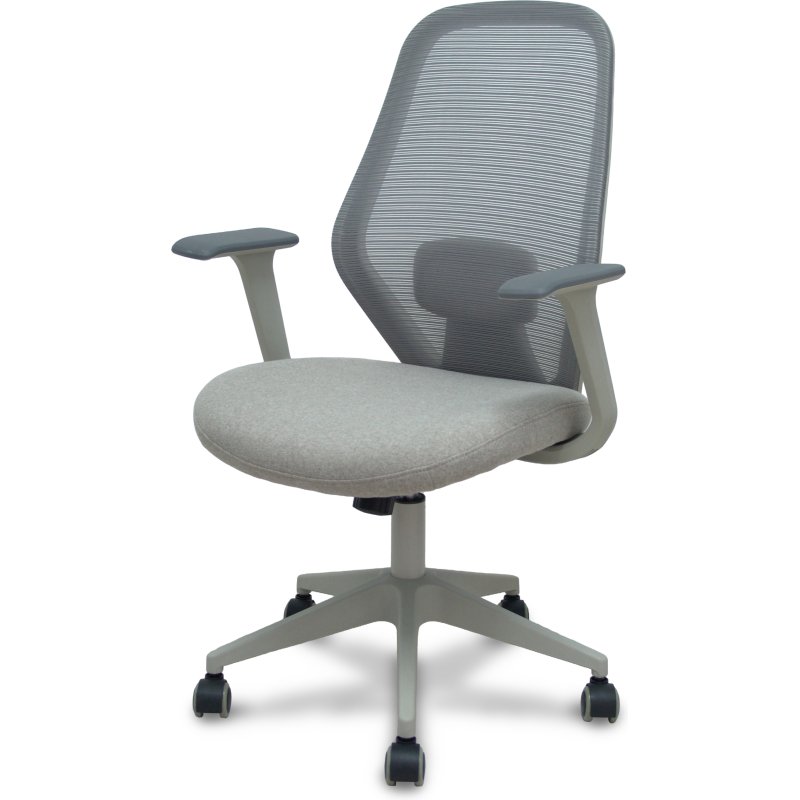 Chaise de bureau Ergo529, dossier en maille grise, assise en tissu gris, piètement gris clair, roulettes en nylon