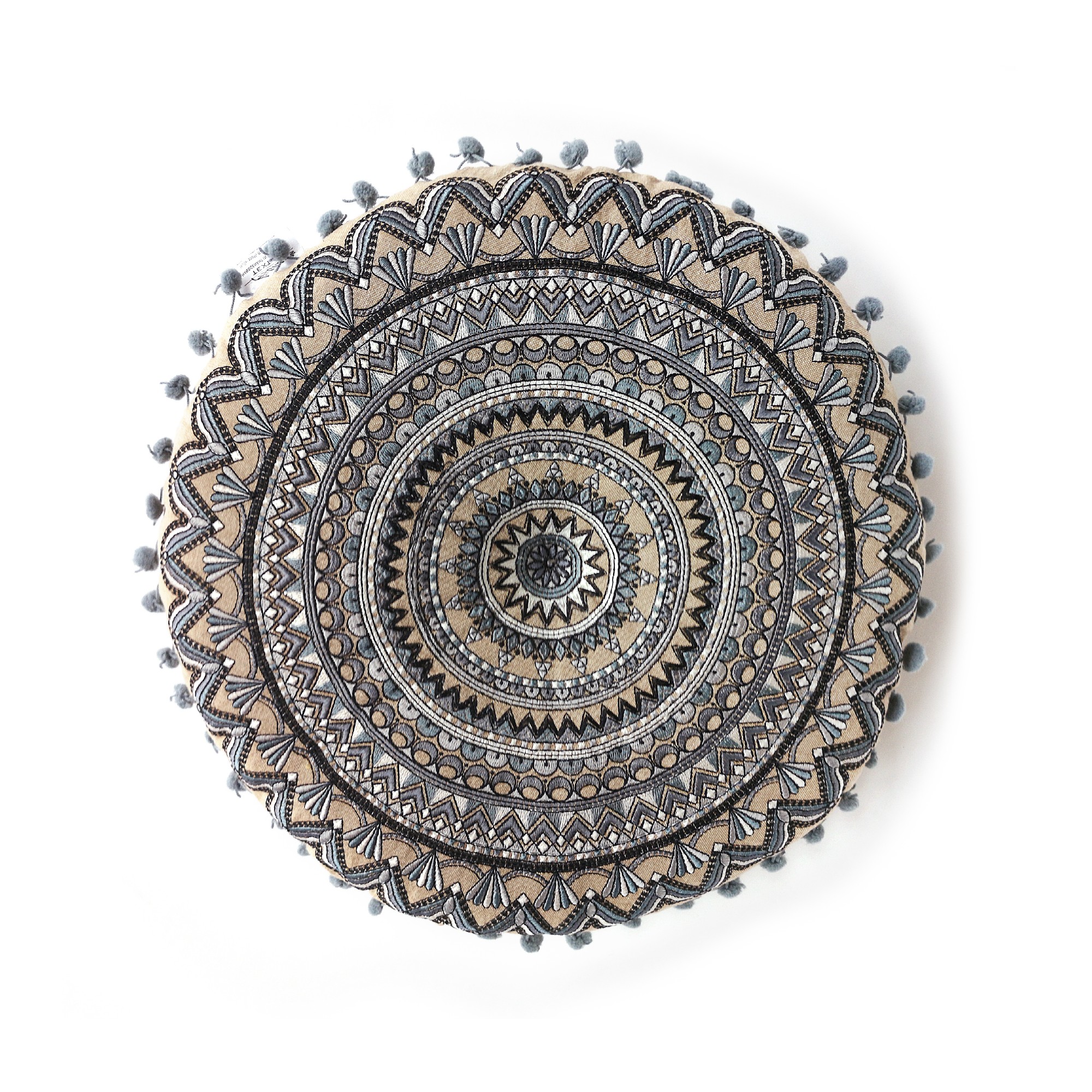 Sitzkissen Mandala 'Trikom' mit Pompon, beige, blau, Ø 40 cm, H 5 cm von fischer's lagerhaus