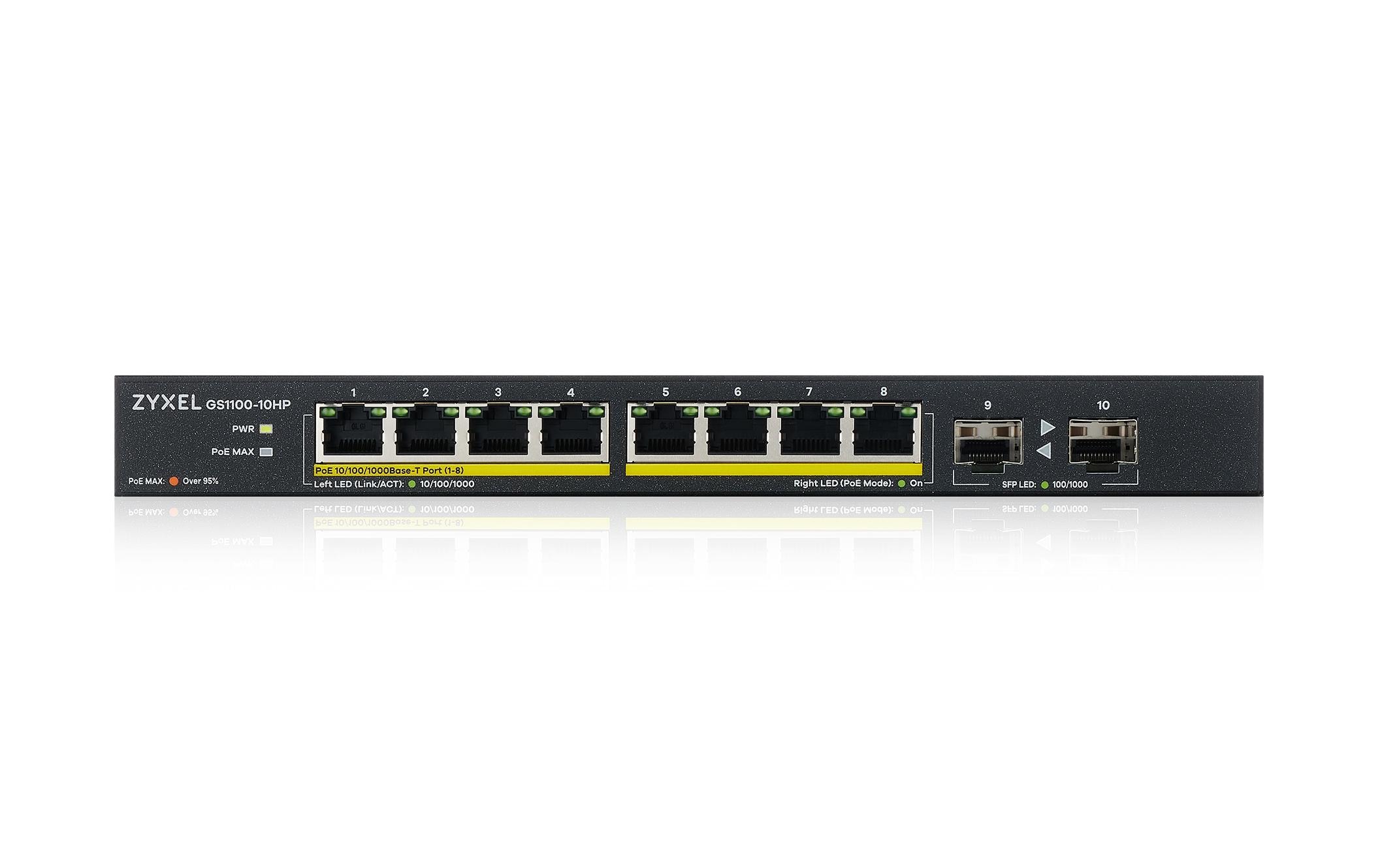 PoE+ Switch GS1100-10HP v2 10 Port<br>Lüfterloser Unmanaged-Gigabit-Switch mit PoE+ und 2x Fiber-Uplink