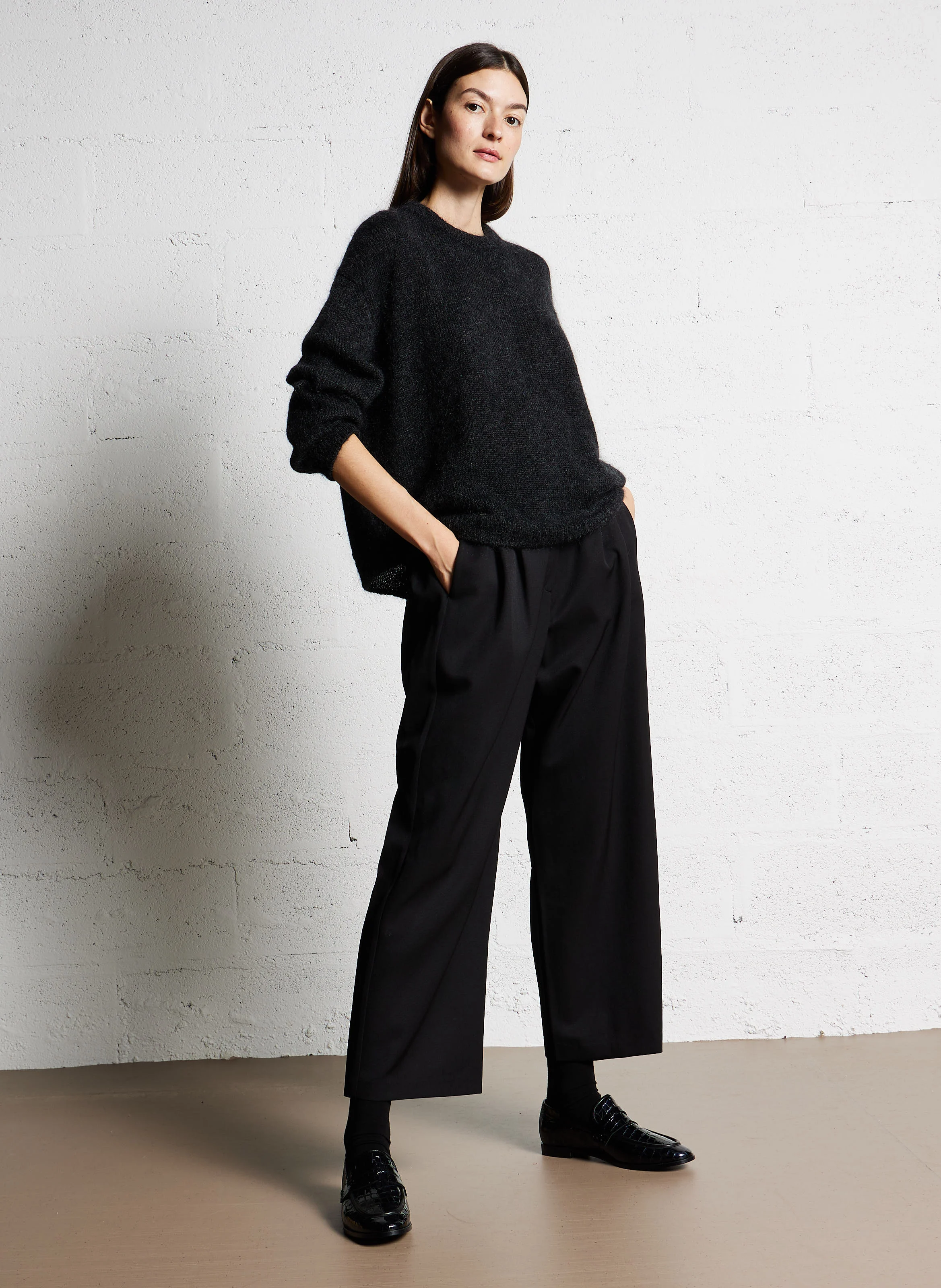 CEDAR - Pantalon large taille haute en laine | Noir