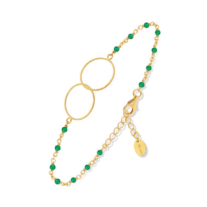 Bracelet Argent Doré Double Rond Et Pierre Onyx Vert