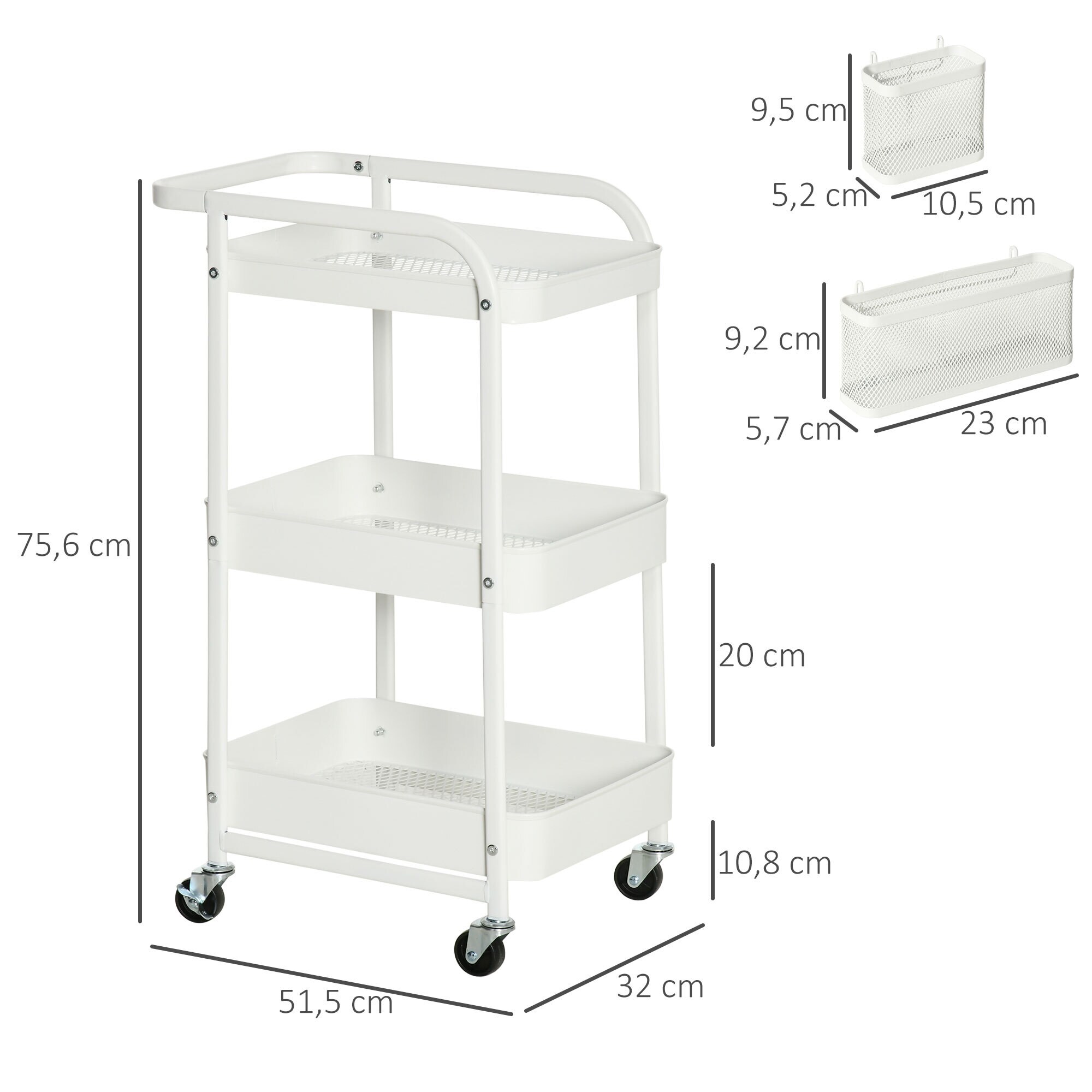 HOMCOM Küchenwagen mit 4 Universalräder weiß 51,5L x 32B x 75,6H cm