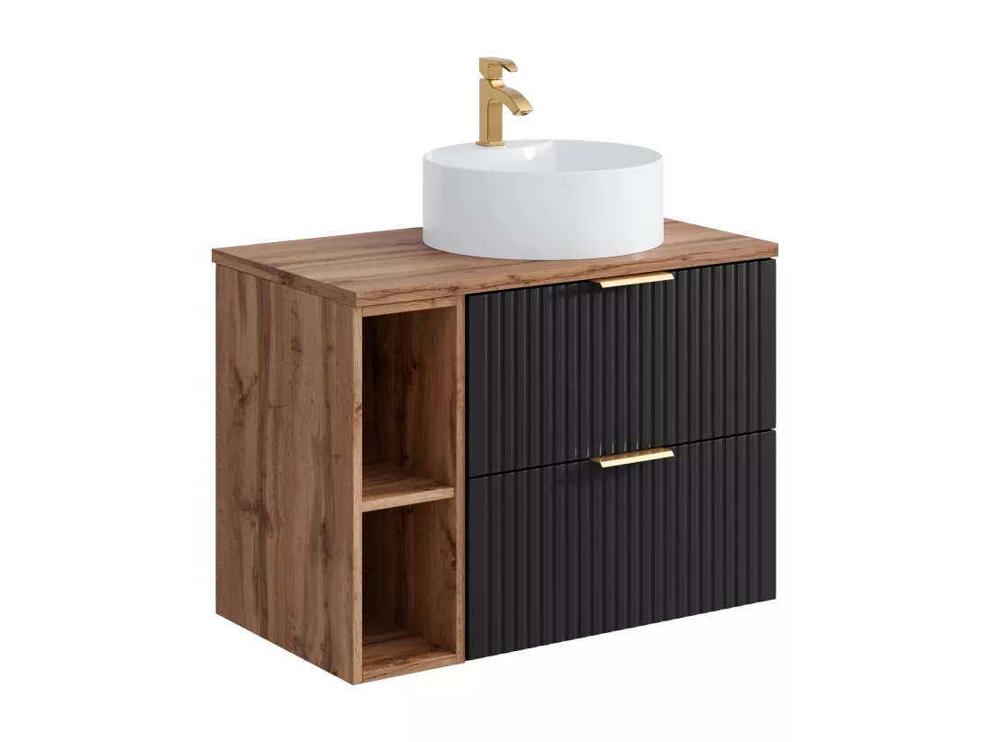 Meuble de salle de bain suspendu strié avec niches et vasque à poser ronde - Noir et naturel clair - L80 cm - ZEVARA