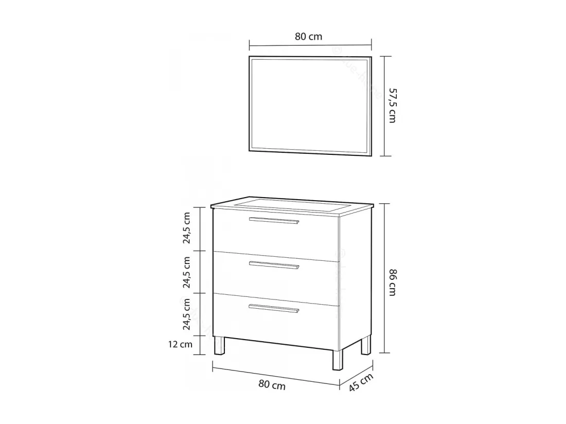 Meuble salle de bain sous vasque avec 3 Tiroirs + 1 Miroir coloris Alaska chêne - Longueur 80 x Profondeur 45 x Hauteur 86 cm