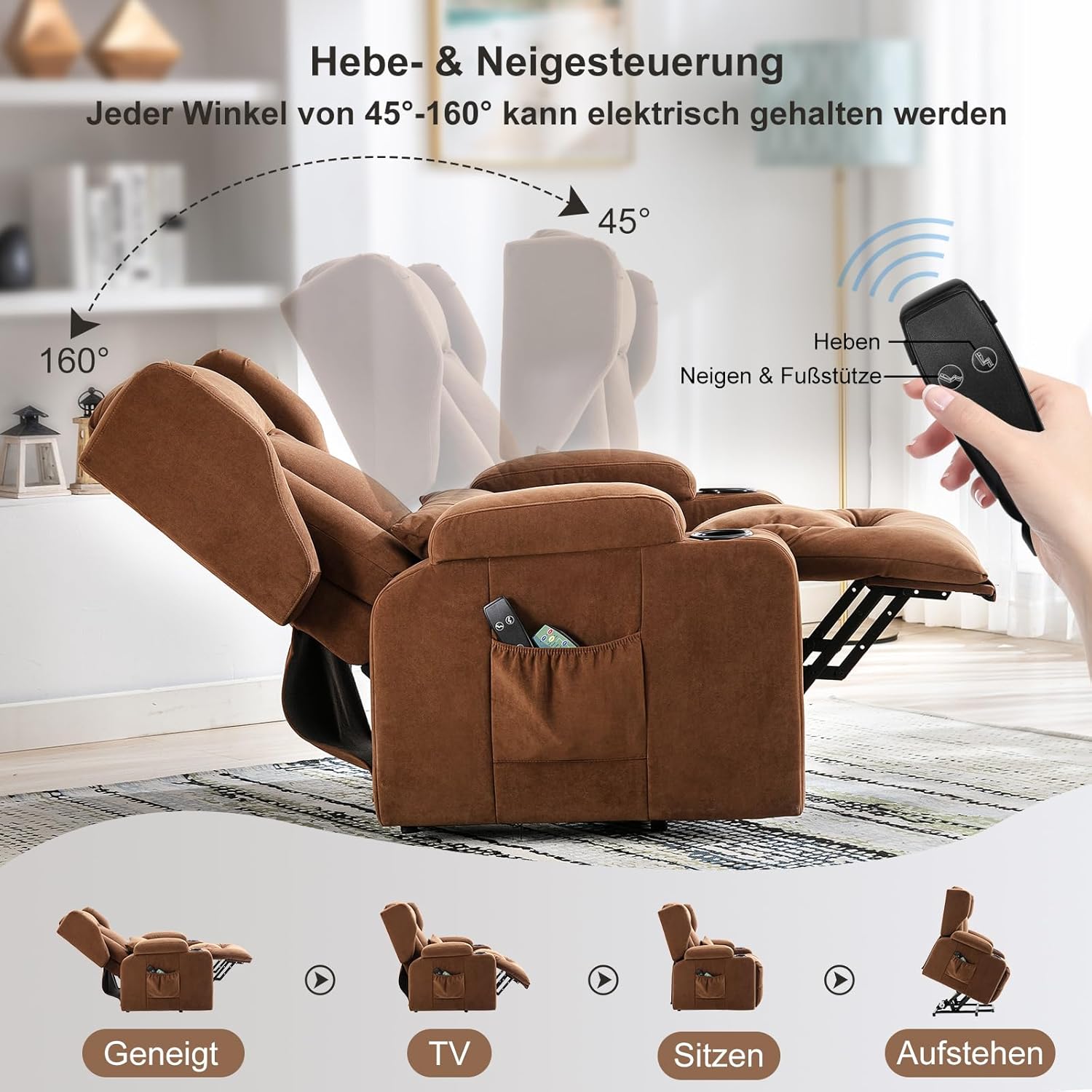 COMHOMA Elektrischer Relaxsessel, Wohnzimmer, Massage, TV, neigbar, Vibration, Stehfunktion, verstellbare Rückenlehne mit Fußstütze und Getränkehalter, brauner Stoff