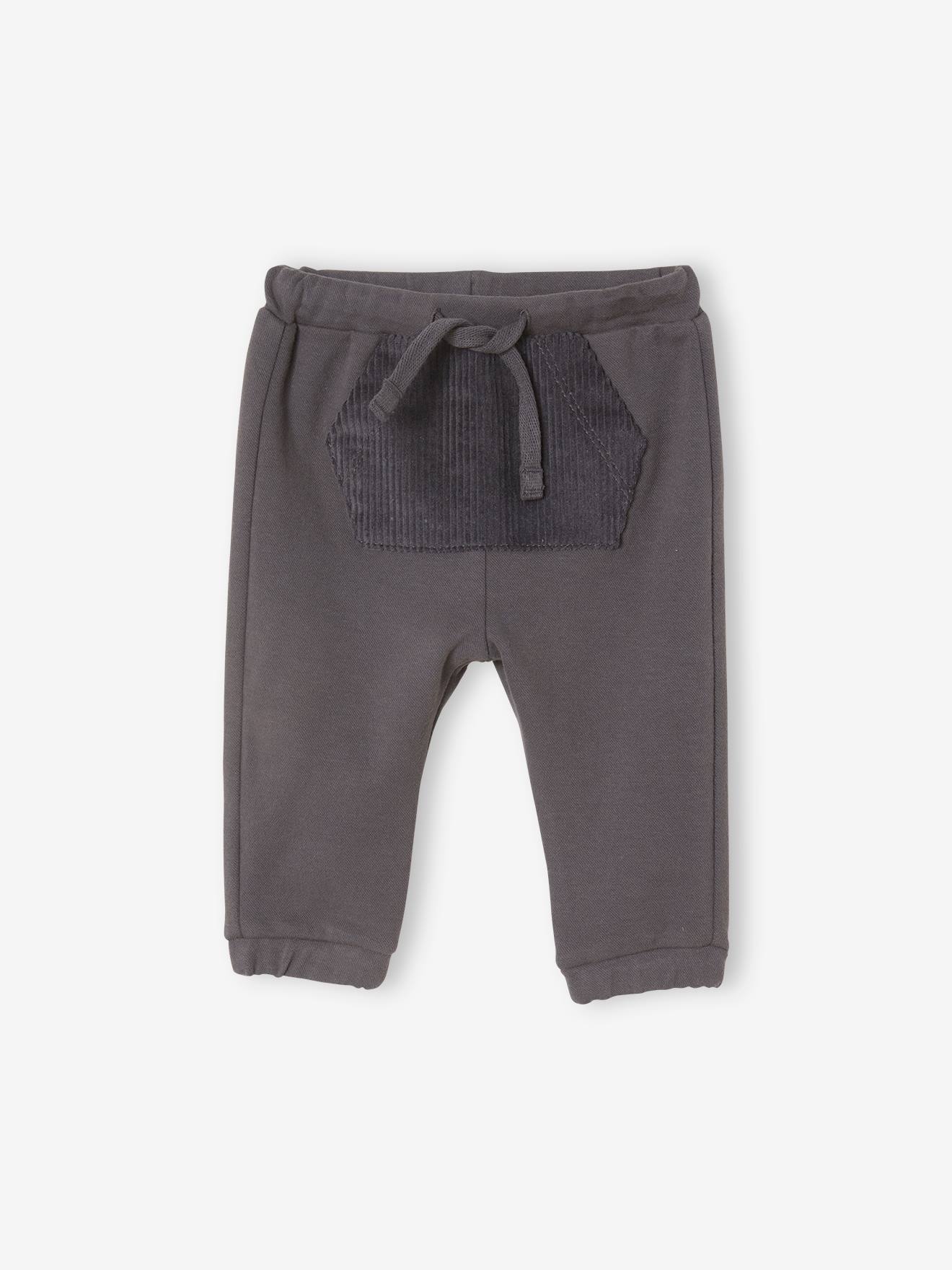 Calça de moletom cinza escuro para bebê, em veludo cotelê, com bolso.