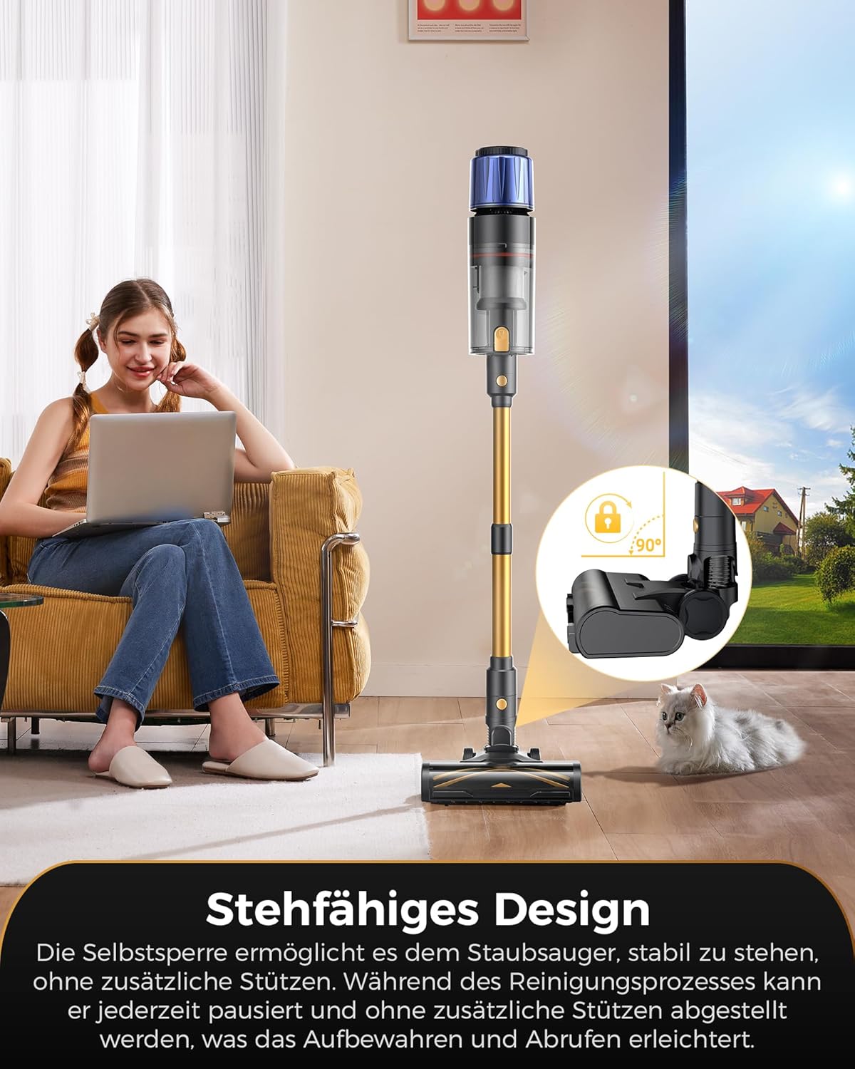 Proscenic P15 Staubsauger Kabellos, 70 Mins 55KPa 600W Akku Staubsauger Selbststehend mit Touchscreen Grünes Licht 6 Schichten Filter, akkusauger für Teppiche Hartböden Haustierhaare Auto, Gelb
