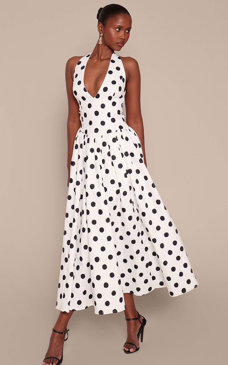 Monochrome Robe Midaxi À Pois Froncée Avec Col Licou Et Détail Noué