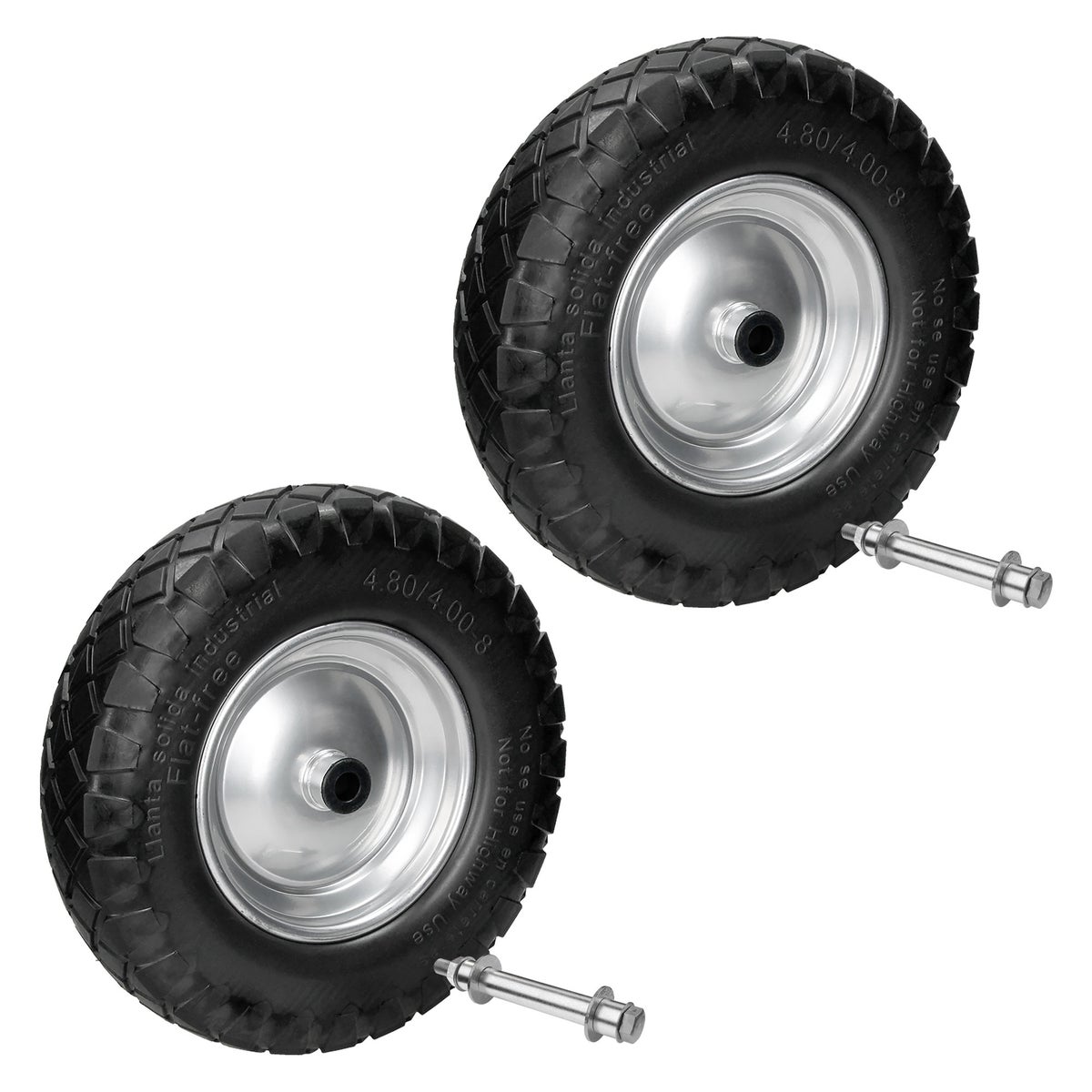 ECD Germany 2-delige set kruiwagenwielen met blokprofiel van lekvrij massief PU-rubber, reservewiel met as, 4.80/4.00-8, diameter 390 mm, zwart, 200 kg, band met stalen velg voor kruiwagen