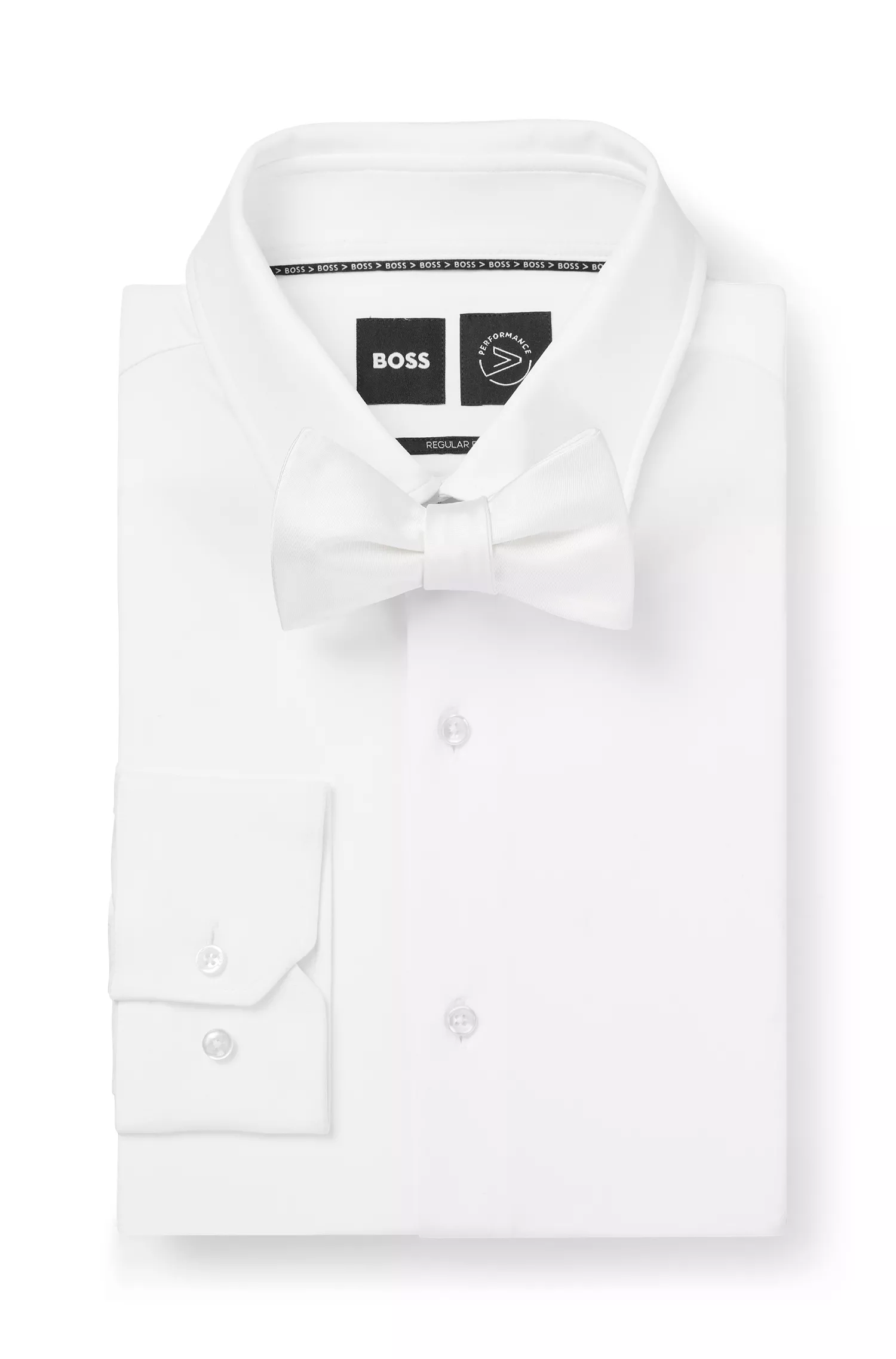 Gravata borboleta BOSS Camel com amarração automática em jacquard de seda estampada.