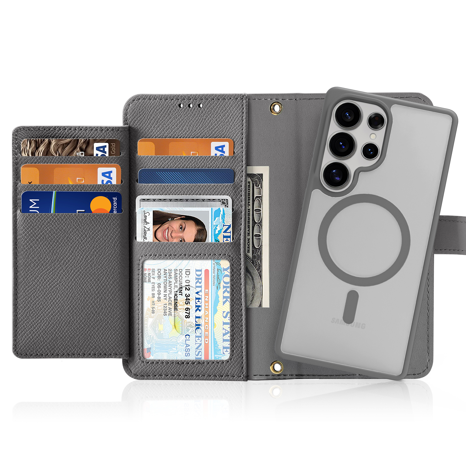 Samsung Galaxy S25 Ultra Leder Tasche mit Kartenfächer   Münzfach   Magnetische Schutzhülle - Grau
