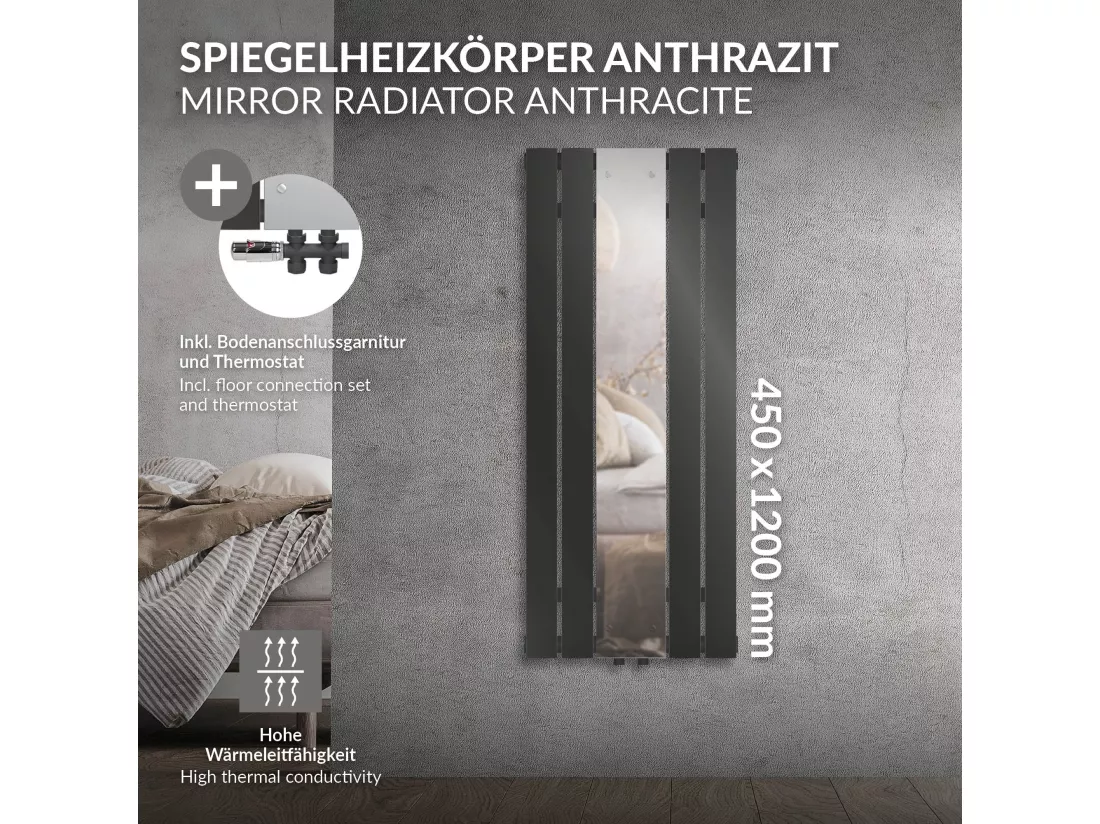 Radiateur plat anthracite 450x1200 mm avec miroir et kit raccordement au sol