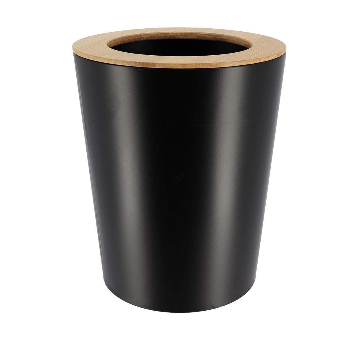 POUBELLE METAL EVASEE COUVERCLE BAMBOU 5L NOIR