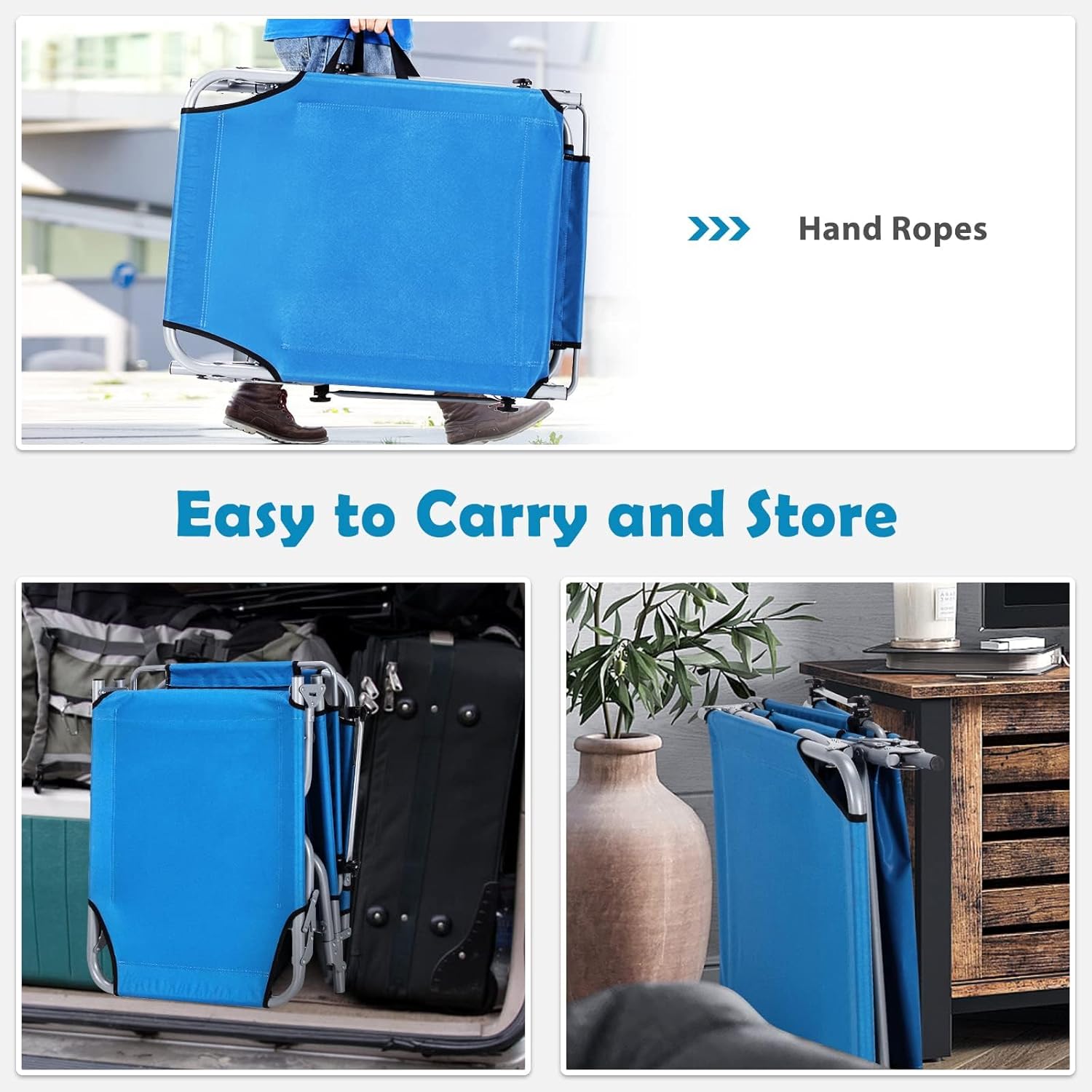 GIANTEX 2er Set Sonnenliege mit Dach, Gartenliege klappbar, Campingliege Strandliege Verstellbarer Rückenlehne, Liegestuhl mit Seitentasche, Liege Reiseliege bis 150 kg belastbar Relaxliege (Blau)