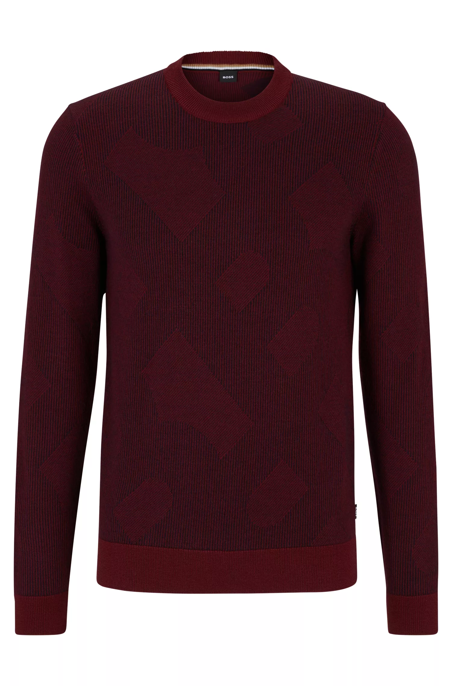 Suéter BOSS preto em lã virgem com jacquard de monograma bicolor.