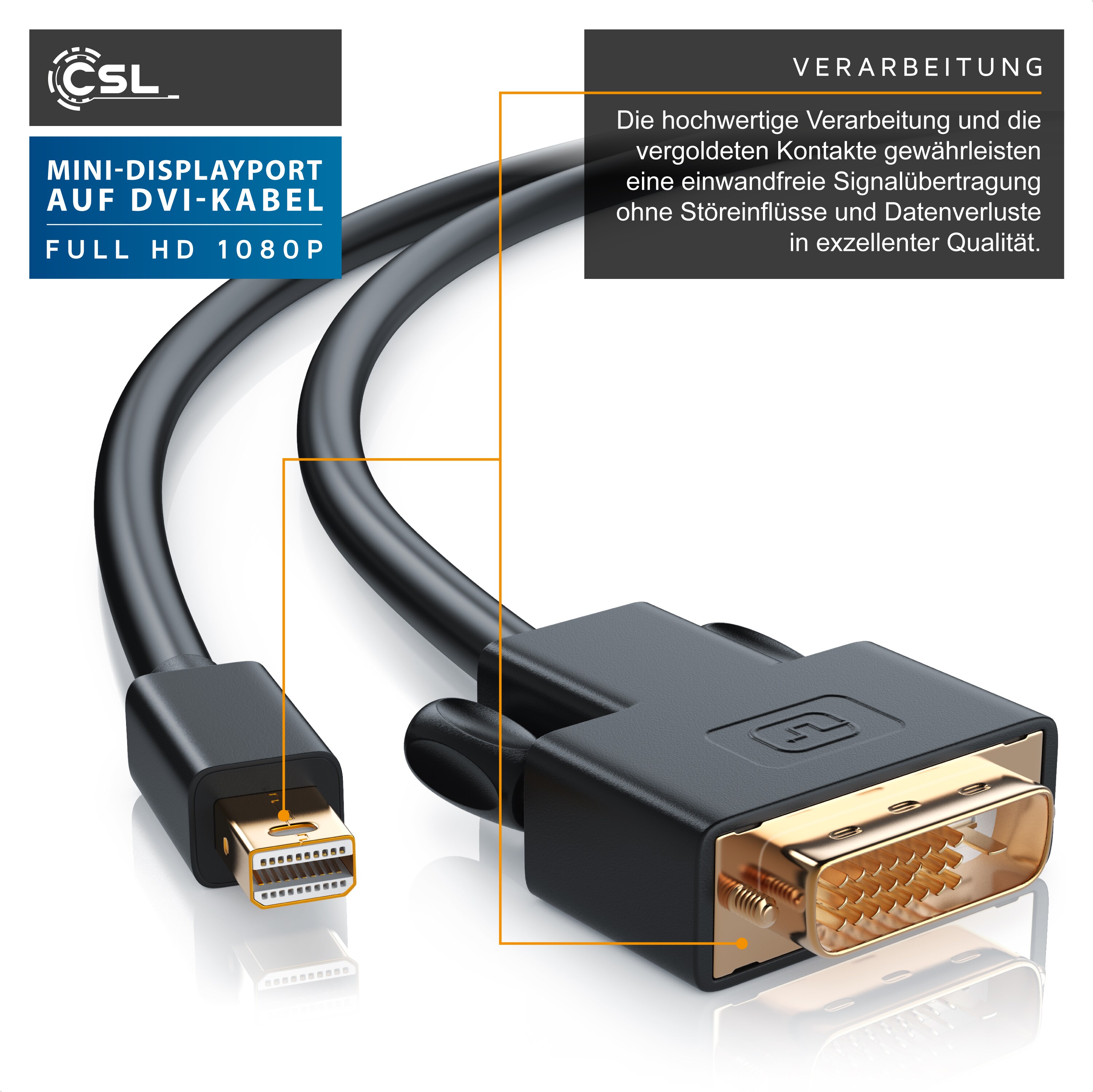 CSL Mini DisplayPort zu DVI Video-Kabel, miniDP Monitor Adapter Kabel, für Apple, PC's & Notebooks - 2m