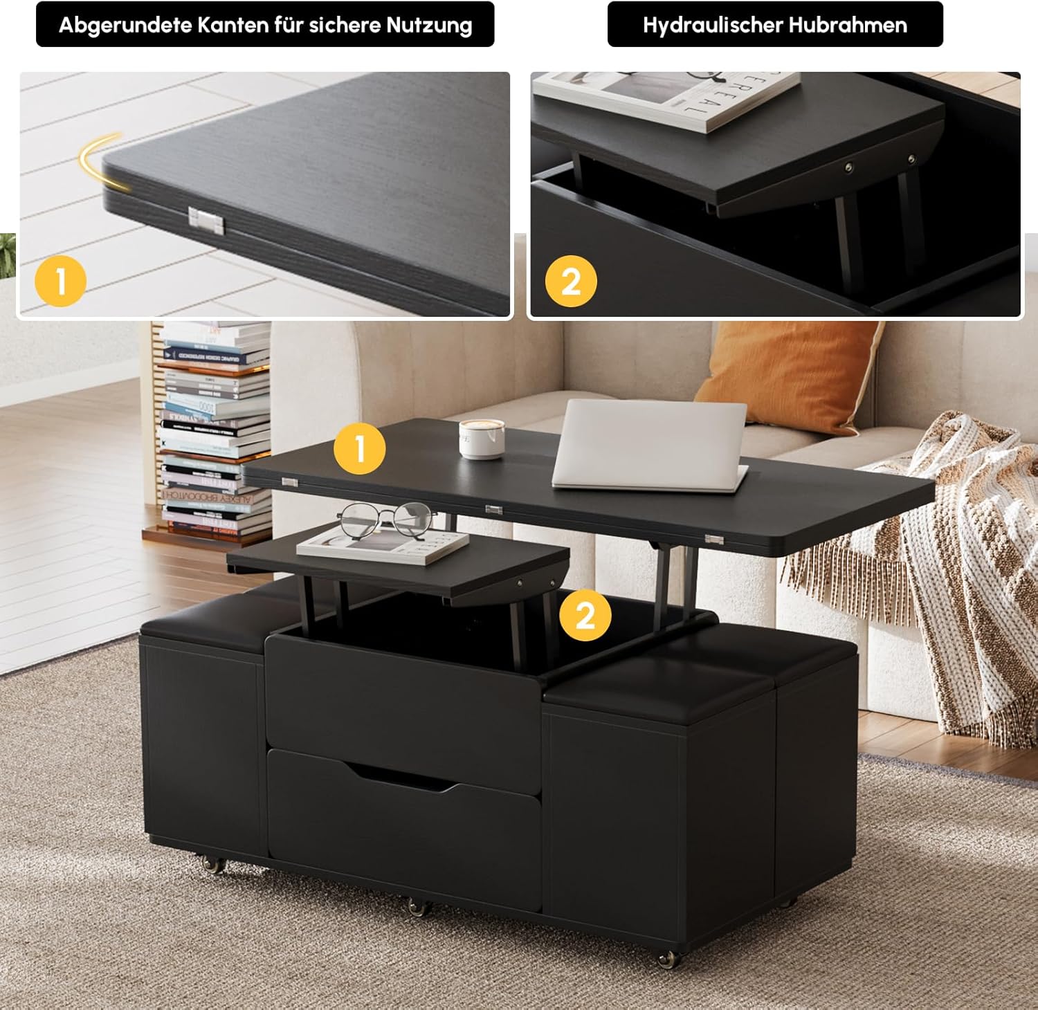 Homary Couchtisch Höhenverstellbar, Wohnzimmertisch mit Schublade, 3-in-1-Multifunktions-Couchtisch Umwandelbar in Wohnzimmer-Esstisch Arbeitstisch mit 4 Hockern und Feststellbaren Rollen (Schwarz)